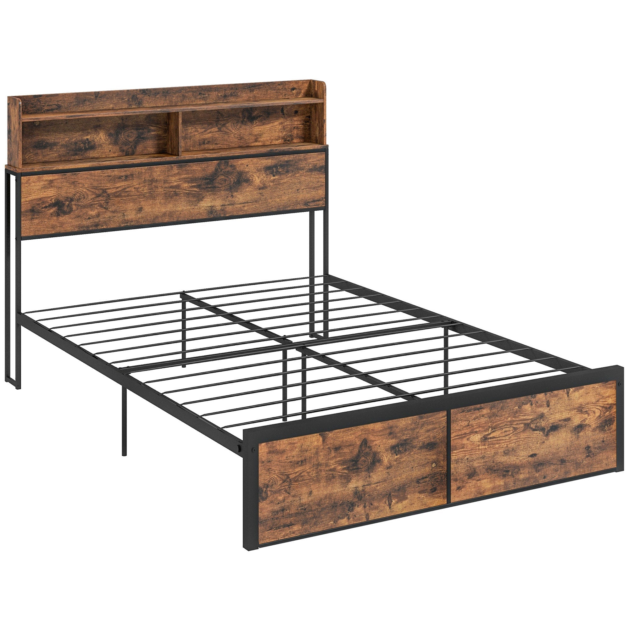 4.8FT Industrial Double Bed Frame with Storage Headboard, Slatted Support, Rustic Brown