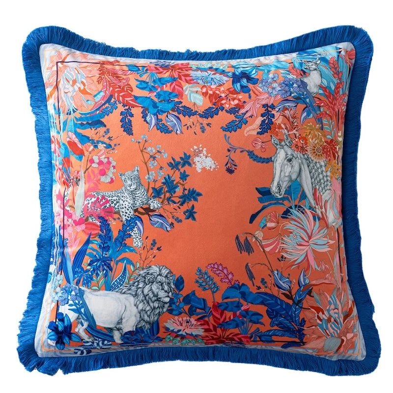 Jade Crane Pond Velvet Chinoiserie Throw Pillow