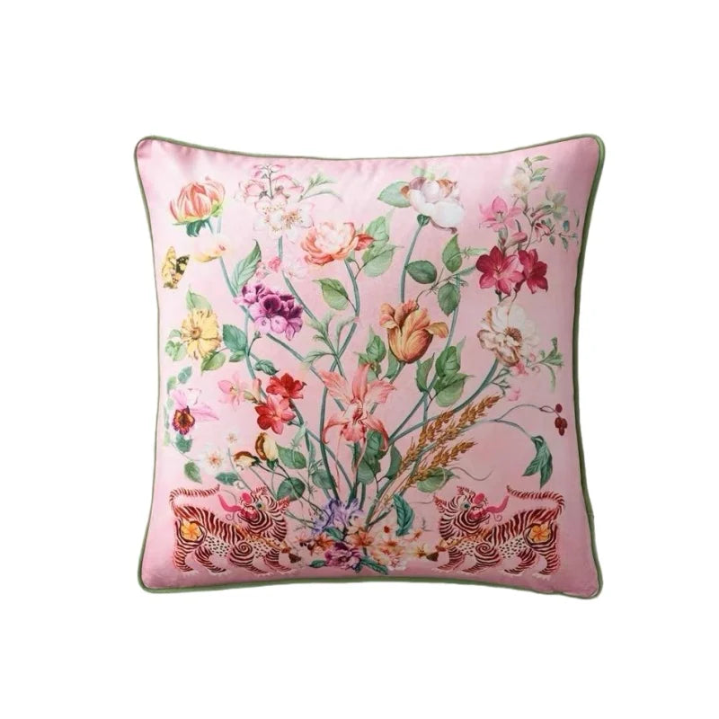 Blushing Tigress Velvet Floral Tiger Throw Pillow