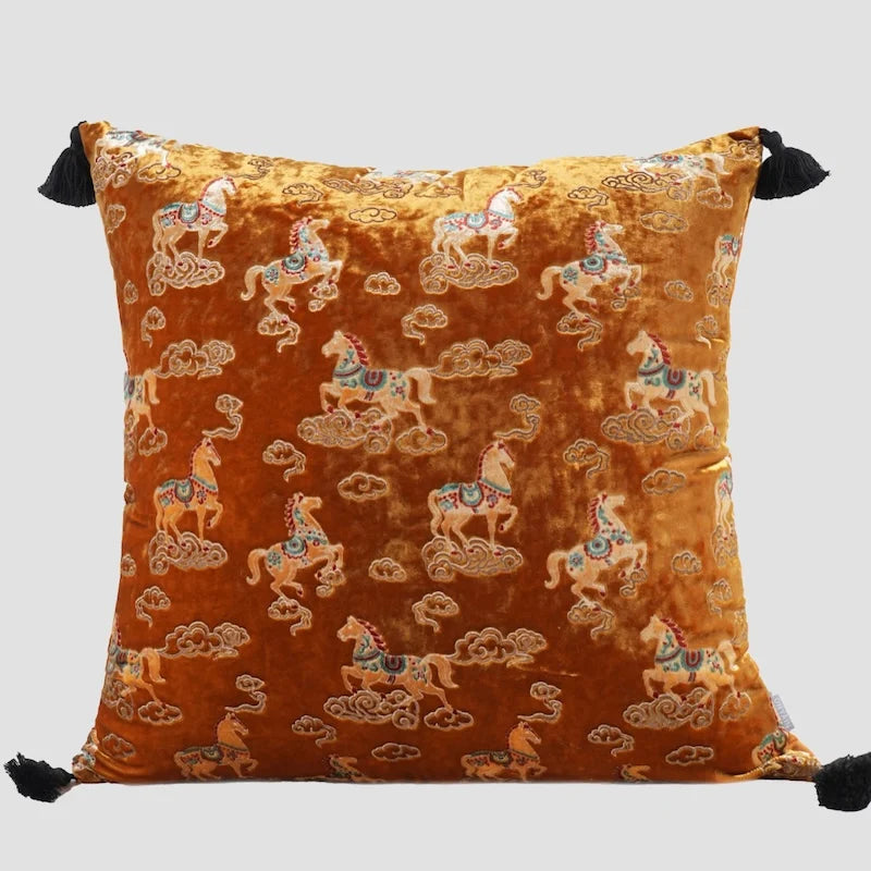 Vermilion Gallop Velvet Chinoiserie Horse Throw Pillow