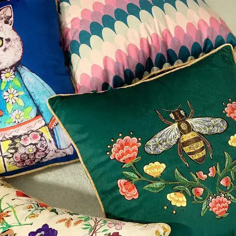 The Green Bee Velvet Decorative Pillow Cover