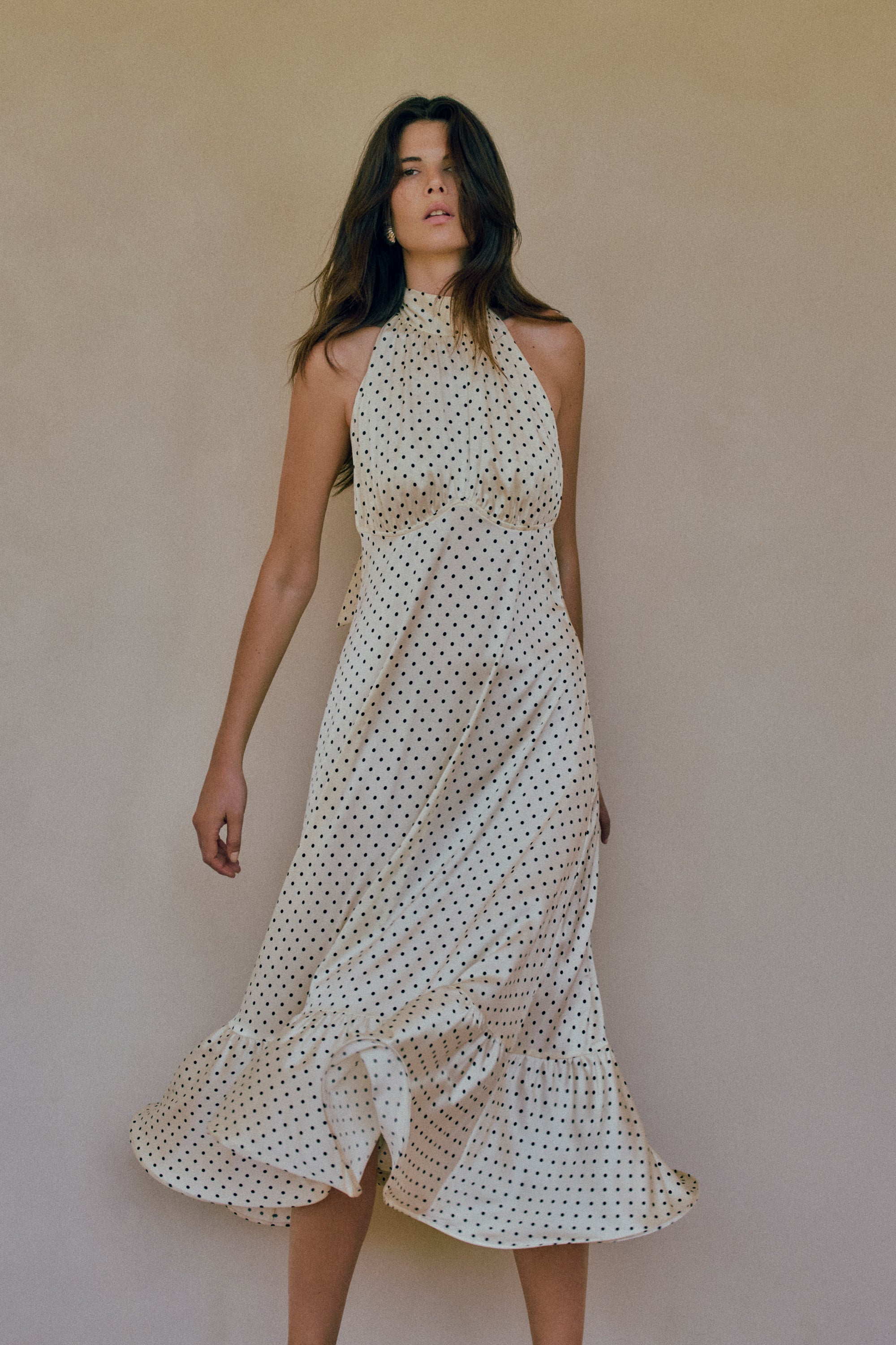 Halter Flounce Midi Dress (Cream Polka Dot)