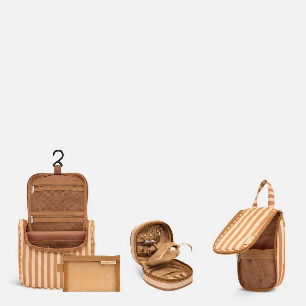 SAVE 22%—Travel Toiletry Essentials Bundle - Tan/Beige Stripe