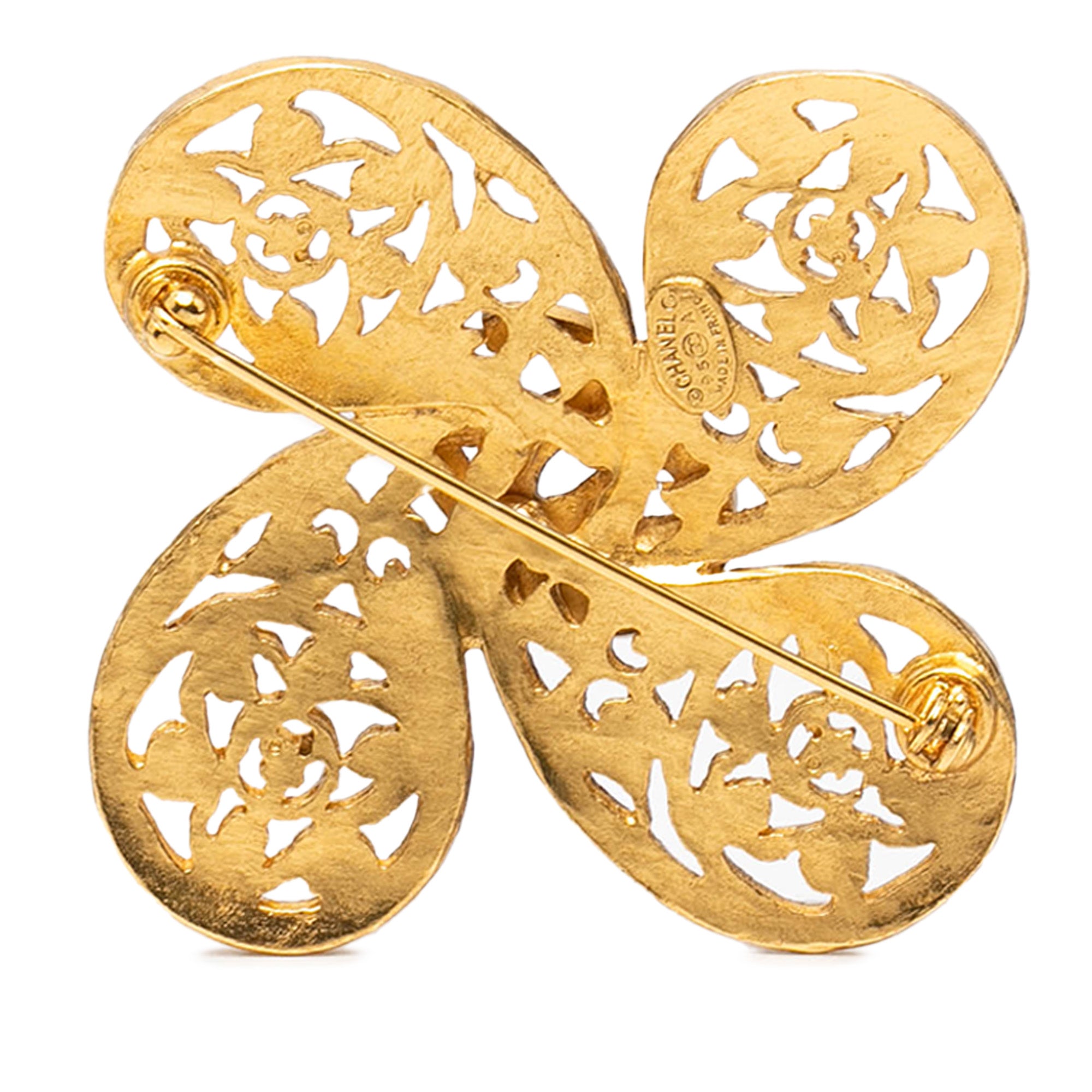 Gold Plated CC Fretwork Clover Brooch