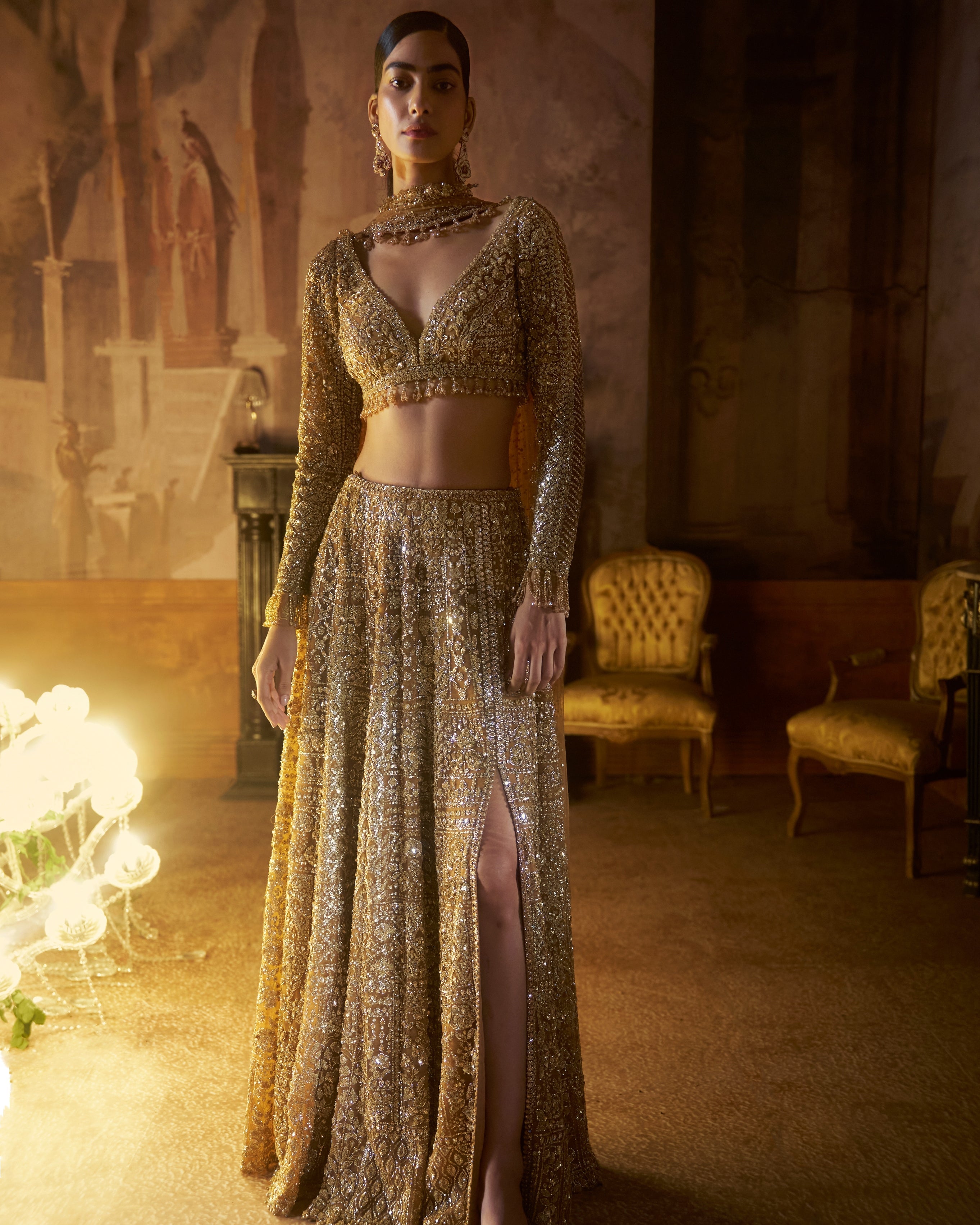Gold Slit Skirt Set By KYNAH, Luxury Indian Fashion & Bridal Wear