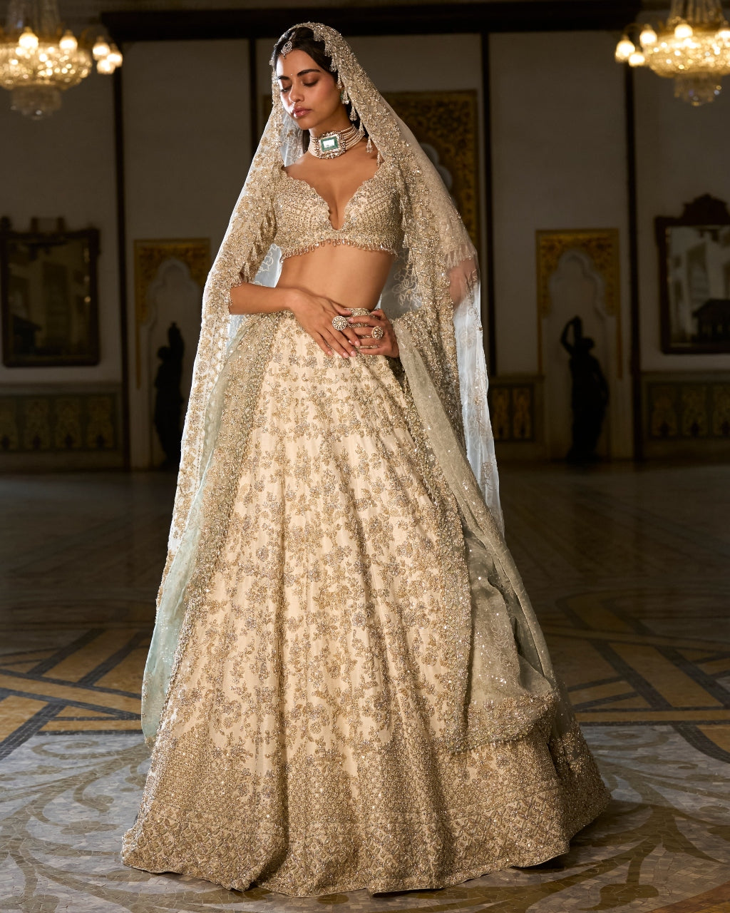 Ivory Sage Zardosi Lehenga Set By KYNAH, Luxury Indian Fashion & Bridal Wear