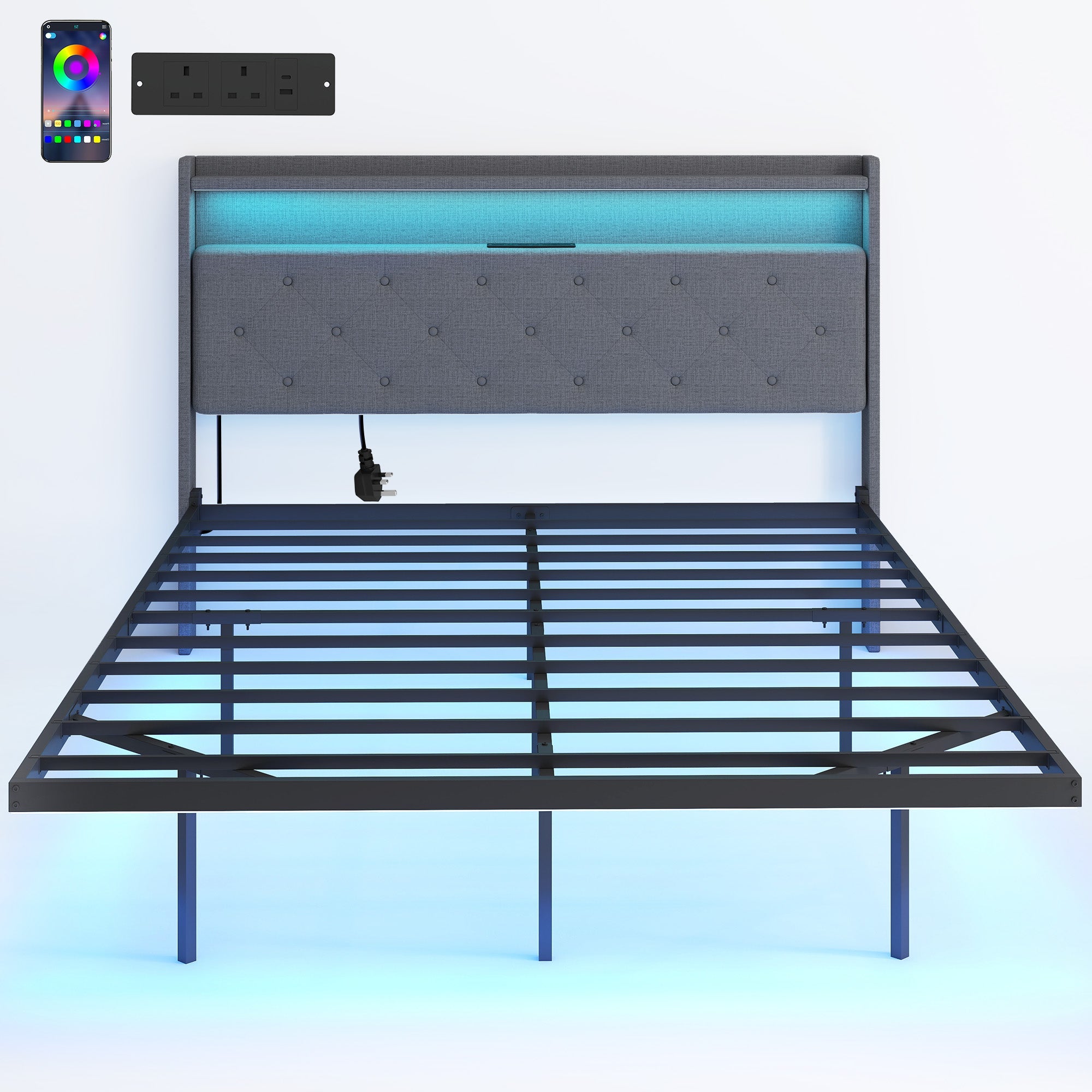 4ft6 Double Bed Frame with Music Sync RGB LED Lights and Charging Station, Grey