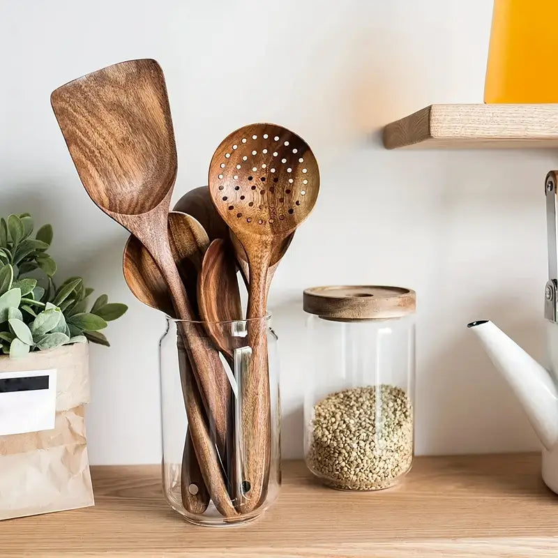 SET DE 5 UTENSILLOS DE COCINA, MADERA NATURAL.