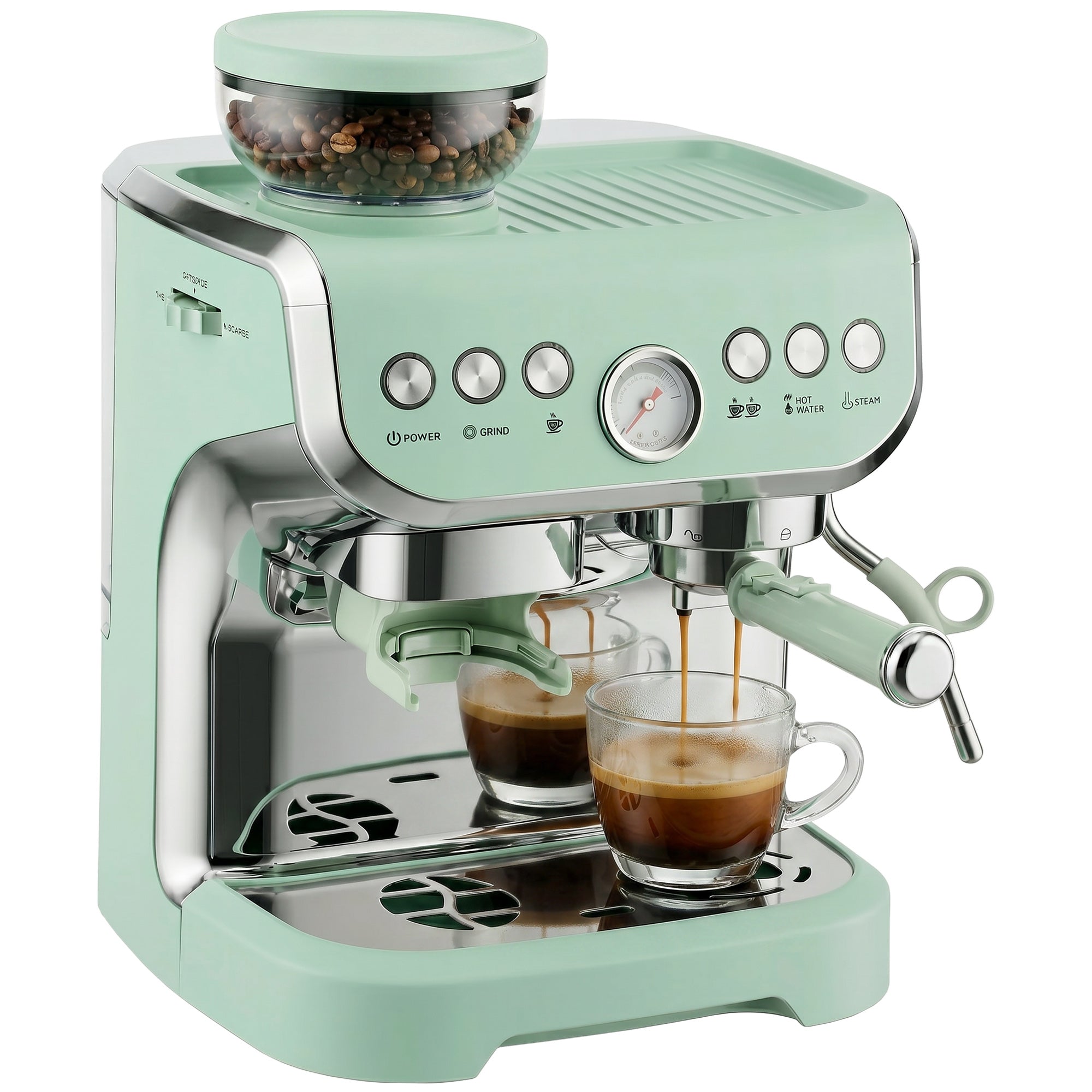 Bean to Cup Espresso Machine with Integrated Grinder & Steam Wand, 15 Bar Pump, 2L Tank, Stainless Steel, Light Green