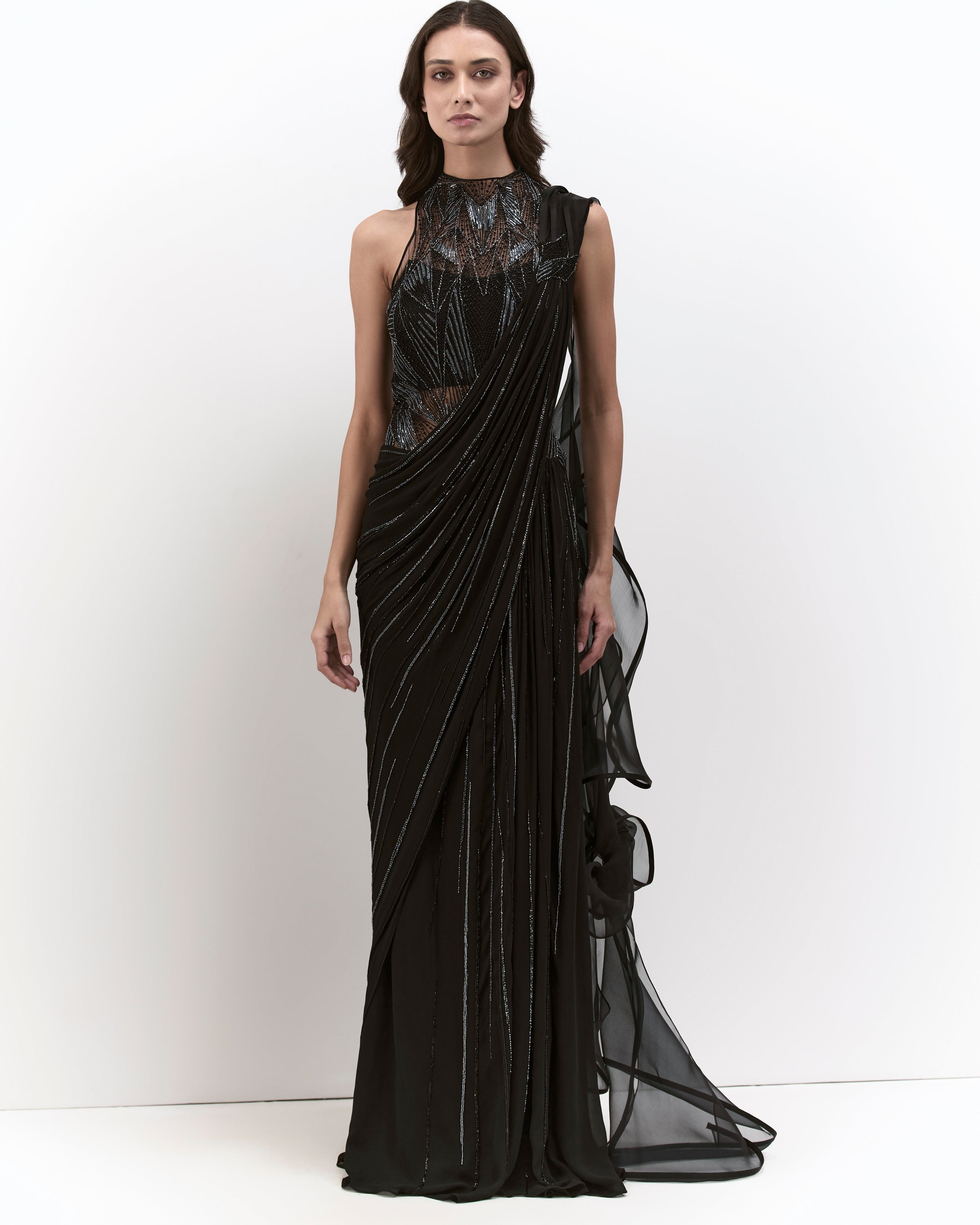 The Black Cosmic Prism Sari Gown By KYNAH, Luxury Indian Fashion & Bridal Wear