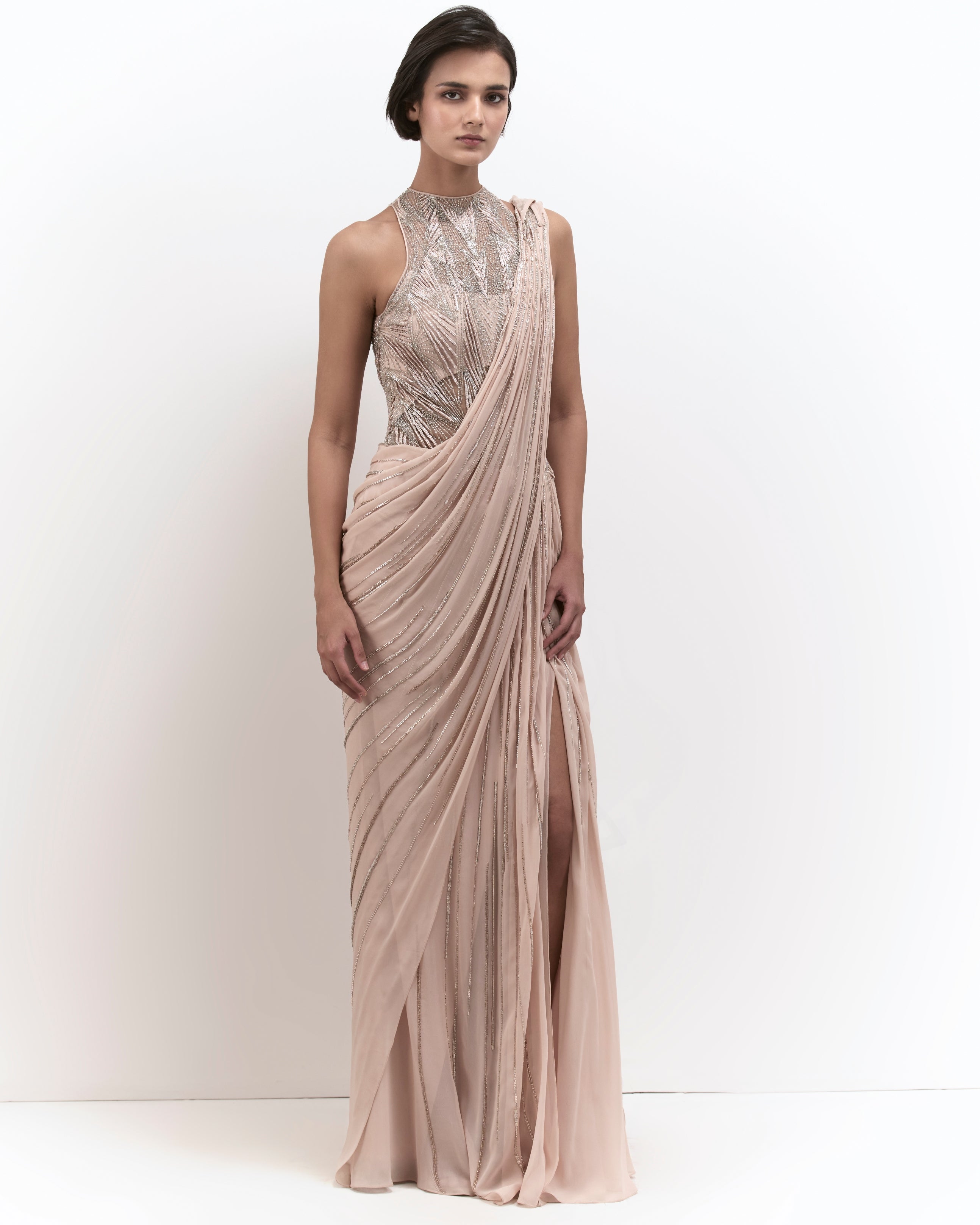 The Peach Blush Cosmic Prism Sari Gown By KYNAH, Luxury Indian Fashion & Bridal Wear