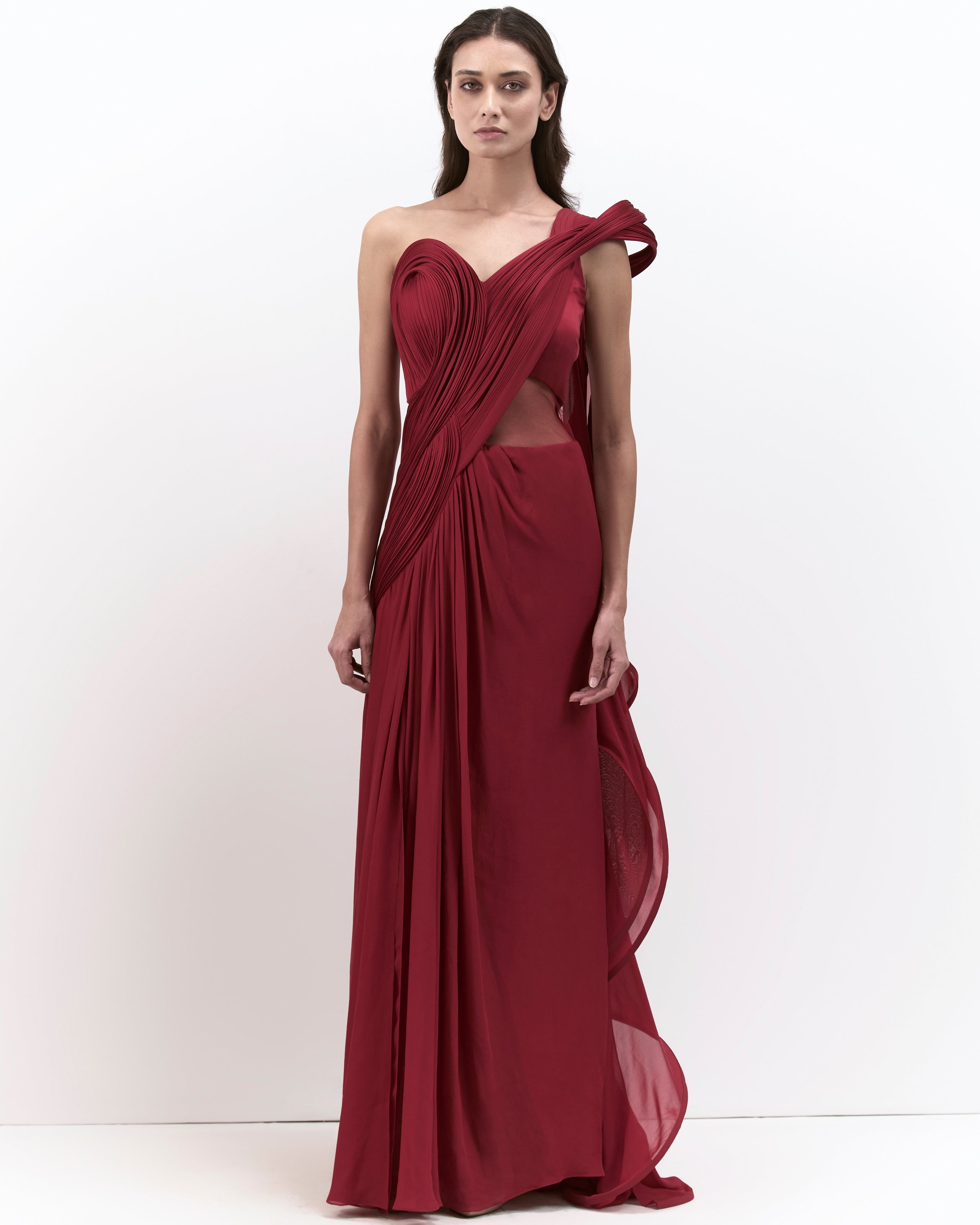 The Lava Red Corset Drape Sari Gown By KYNAH, Luxury Indian Fashion & Bridal Wear