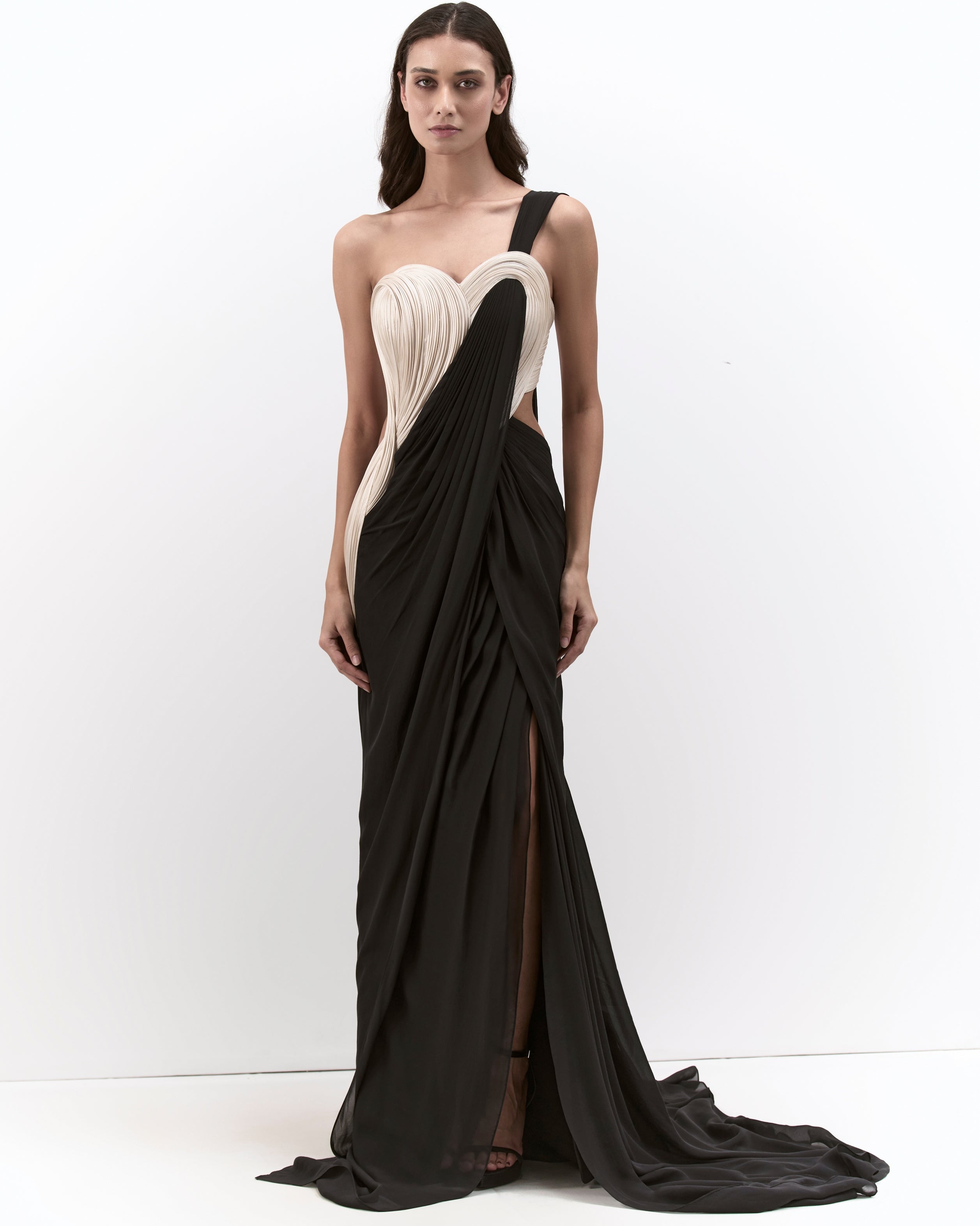The Black With Pearl Corset Drape Sari Gown By KYNAH, Luxury Indian Fashion & Bridal Wear