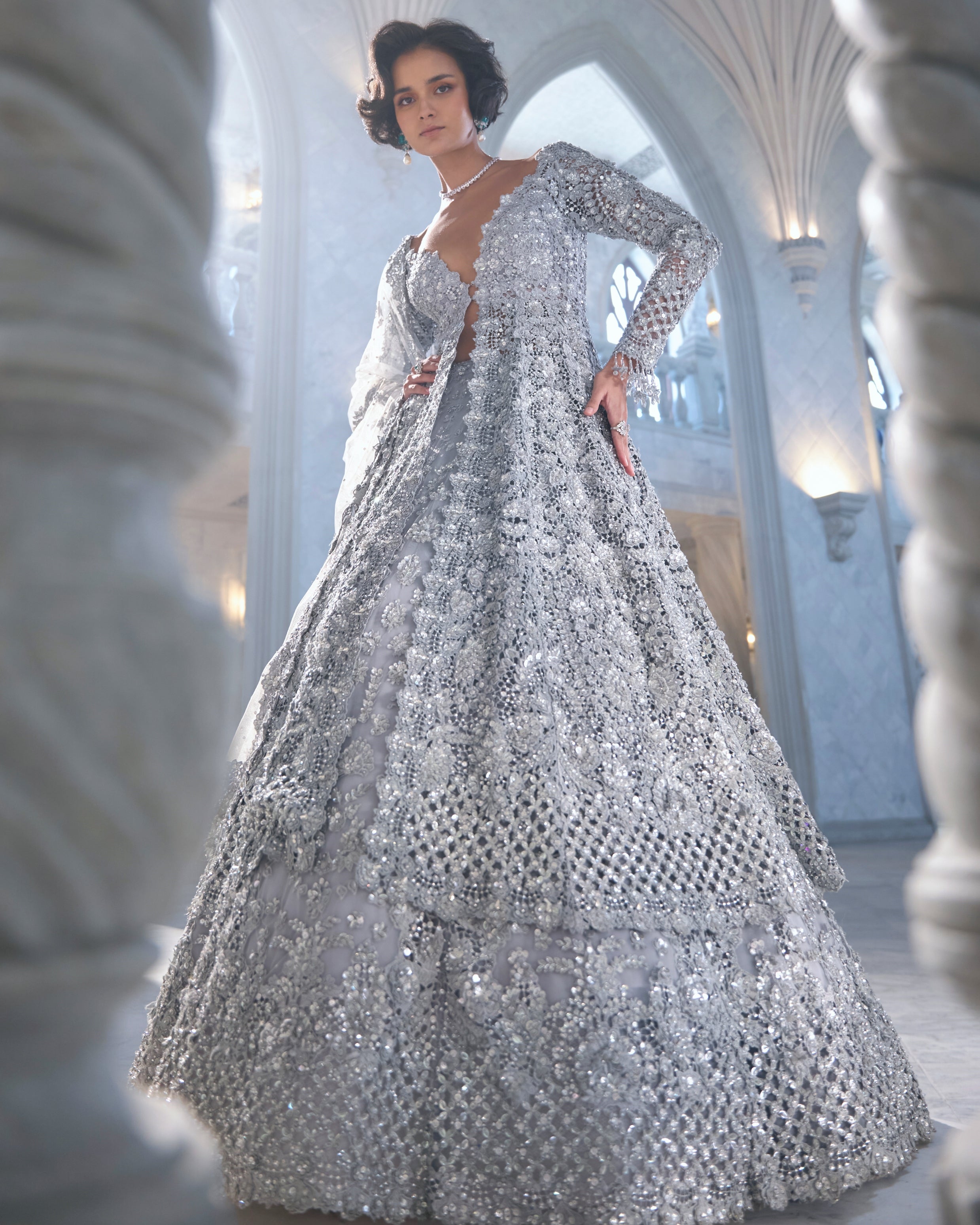 Chapelle Silver Cut Work Jacket Lehenga Set By KYNAH, Luxury Indian Fashion & Bridal Wear