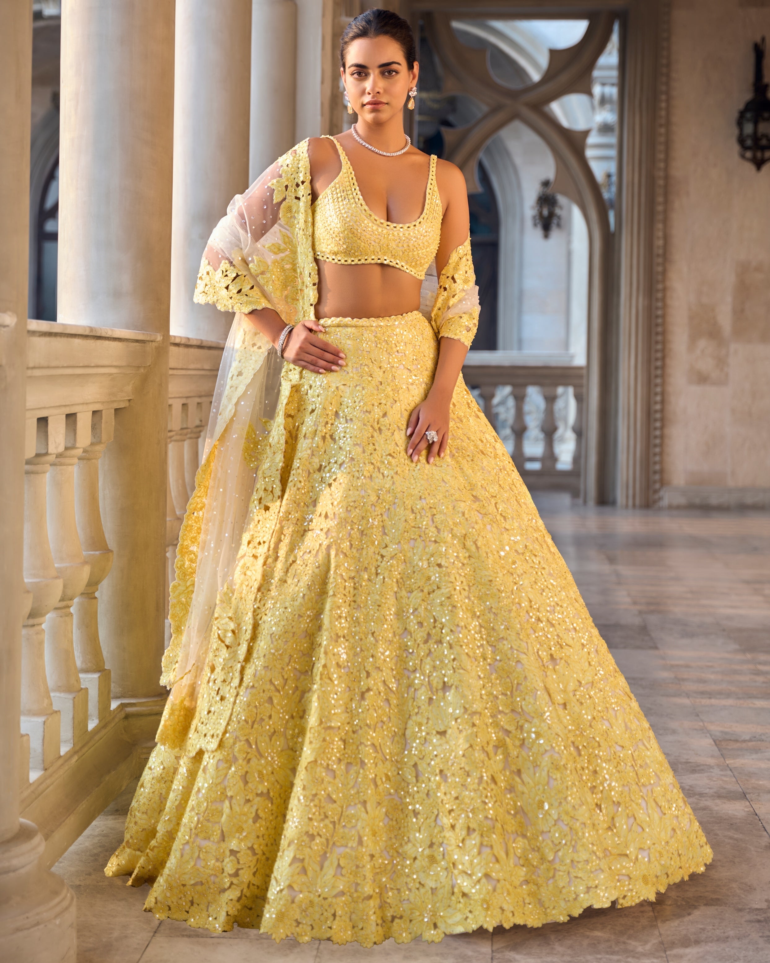 Chapelle Yellow Cut Work Lehenga Set By KYNAH, Luxury Indian Fashion & Bridal Wear