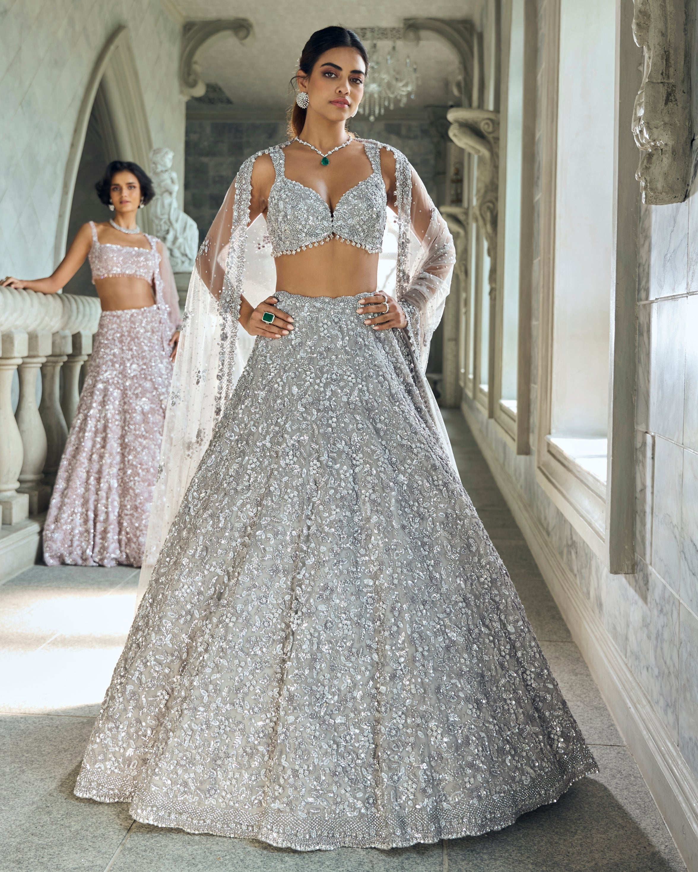 Chapelle Silver Sequin Lehenga Set By KYNAH, Luxury Indian Fashion & Bridal Wear
