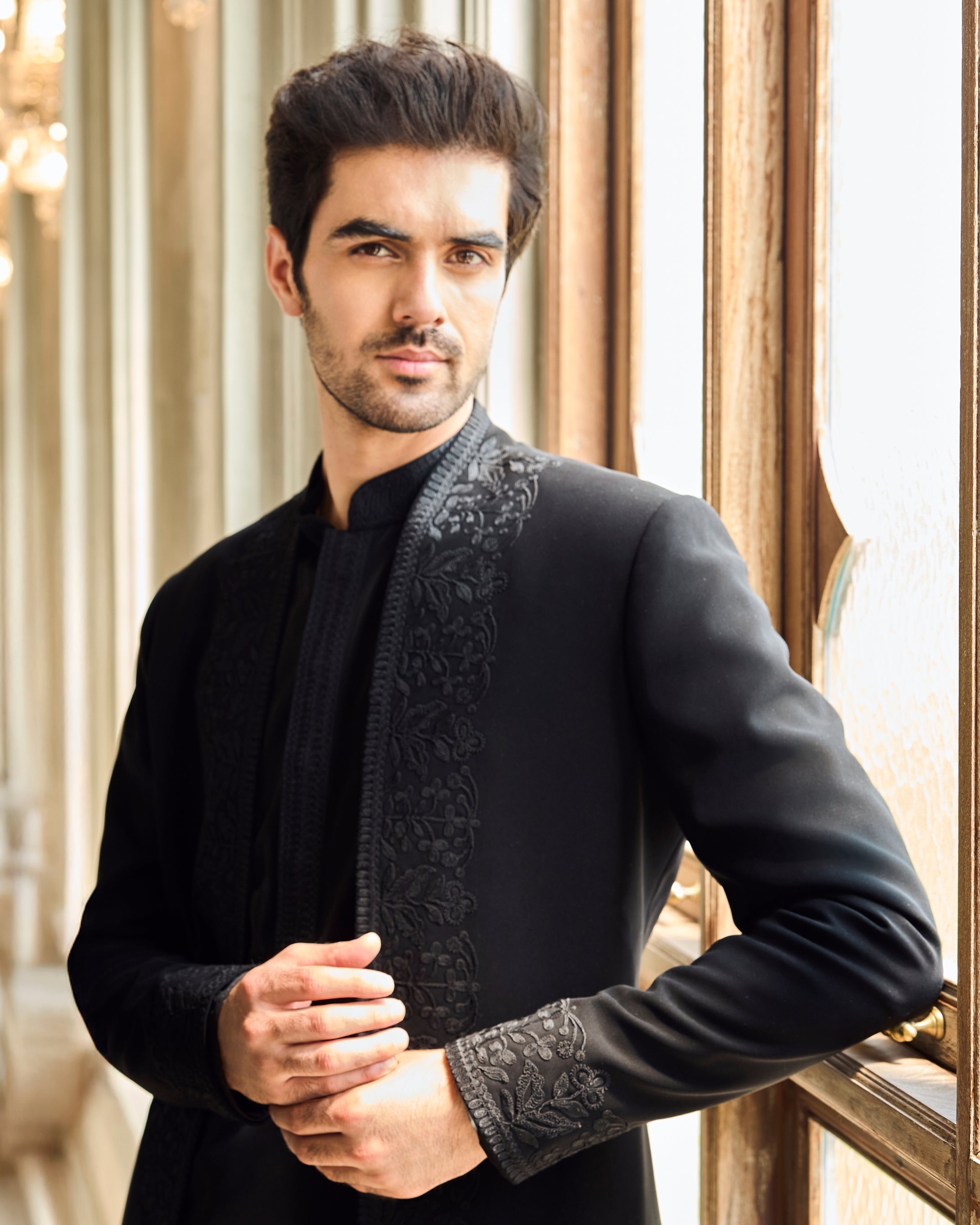 Chapelle Black Thread Work Open Jacket Set By KYNAH, Luxury Indian Fashion & Bridal Wear