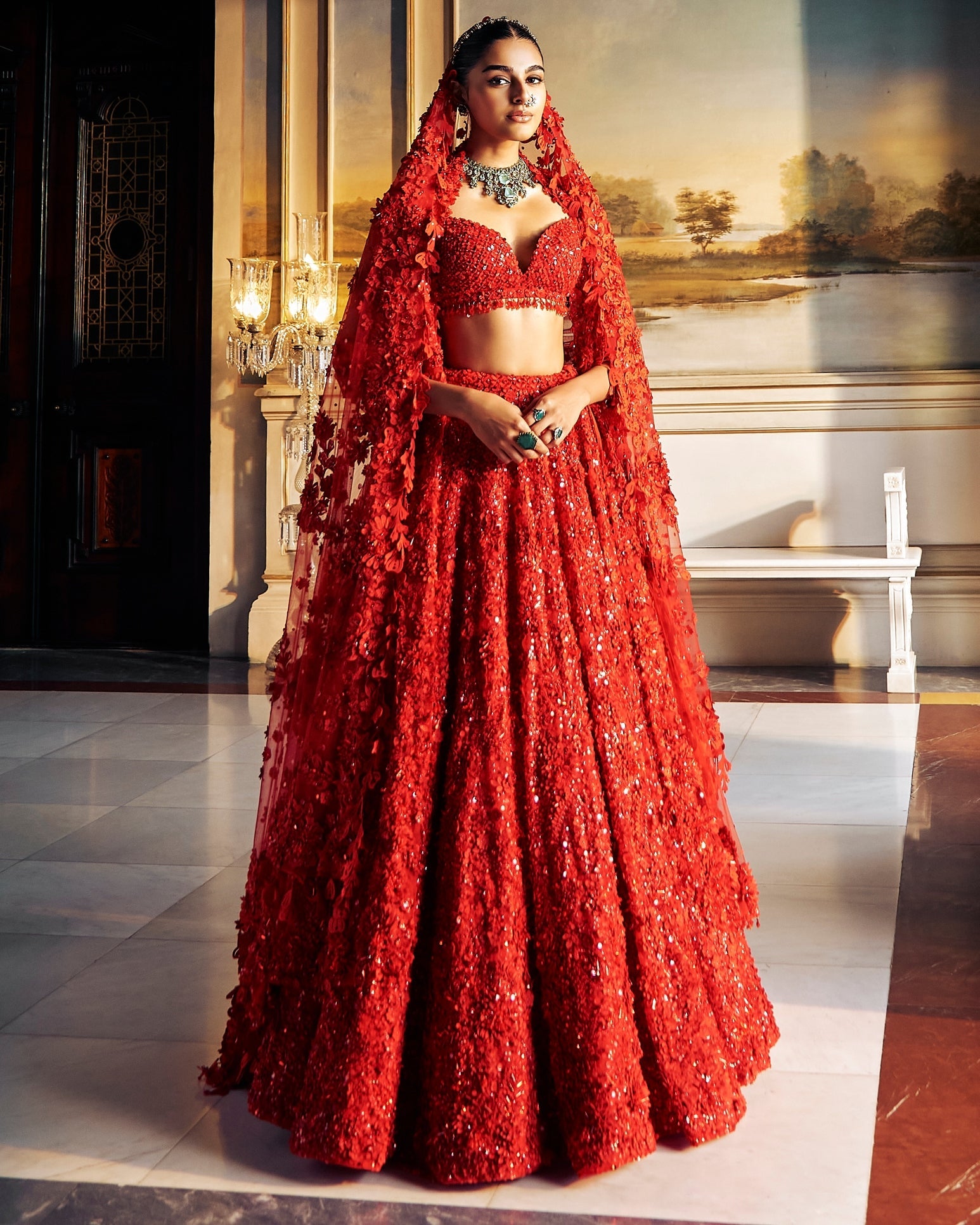 Falaknuma Red Three-Dimensional Floral Lehenga Set By KYNAH, Luxury Indian Fashion & Bridal Wear