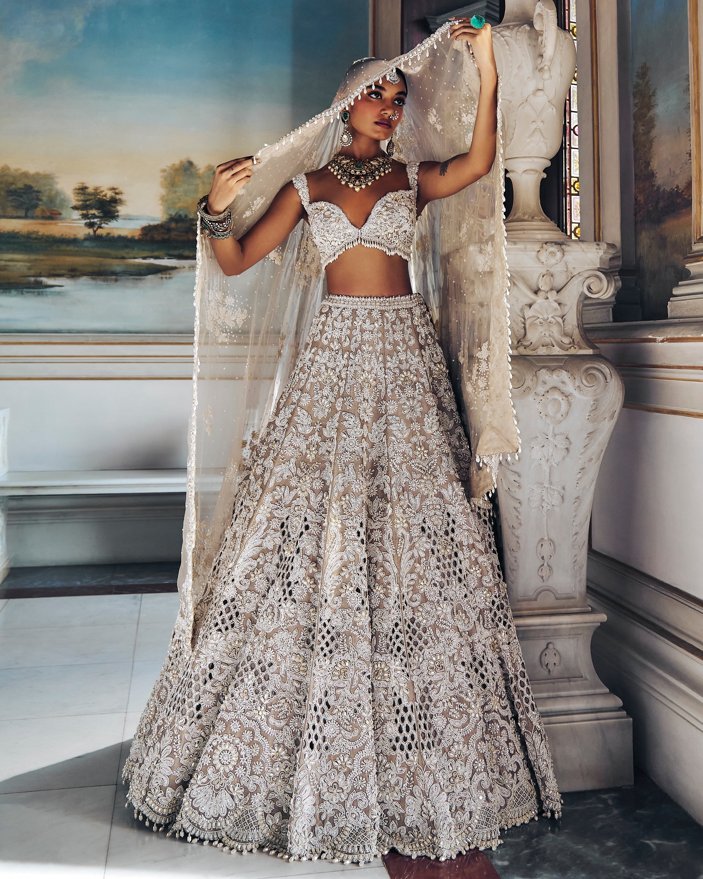 Falaknuma Nude Pearl Cut Work Lehenga Set By KYNAH, Luxury Indian Fashion & Bridal Wear