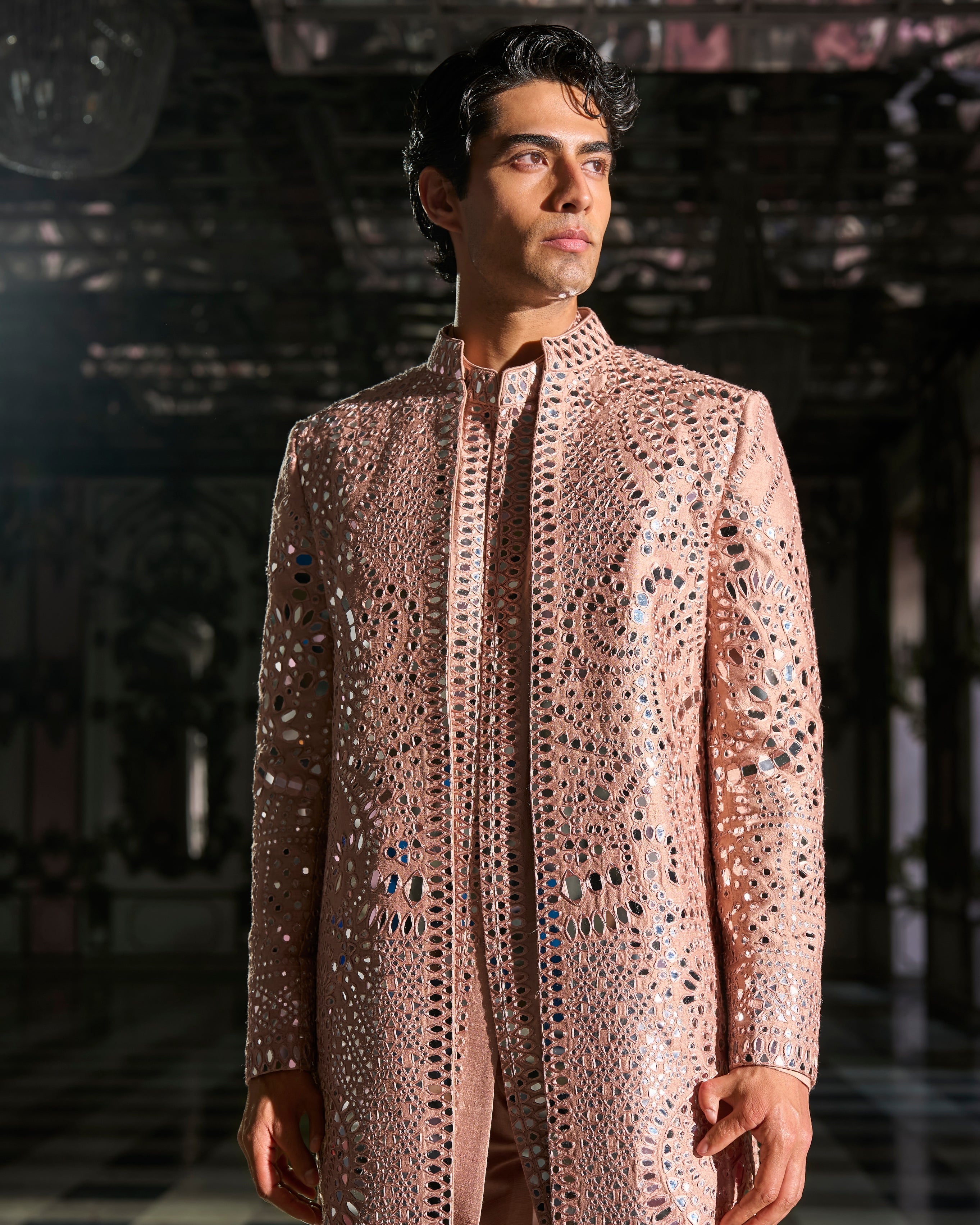 Rose Gold Mirror Work Sherwani Set By KYNAH, Luxury Indian Fashion & Bridal Wear
