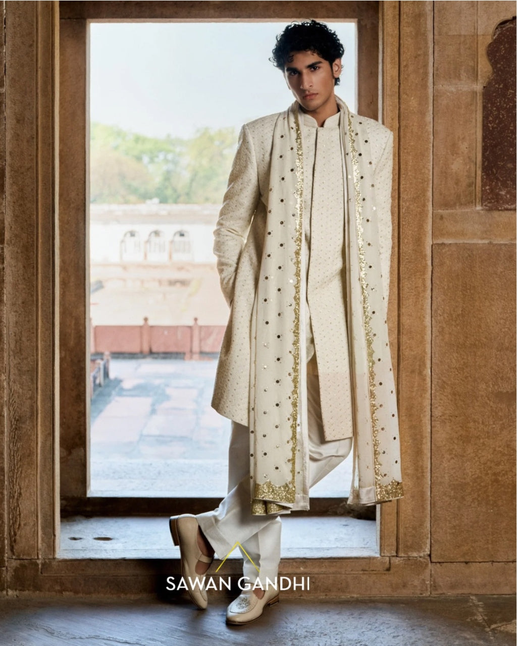 Ivory Patti Jaal Sherwani Set By KYNAH, Luxury Indian Fashion & Bridal Wear