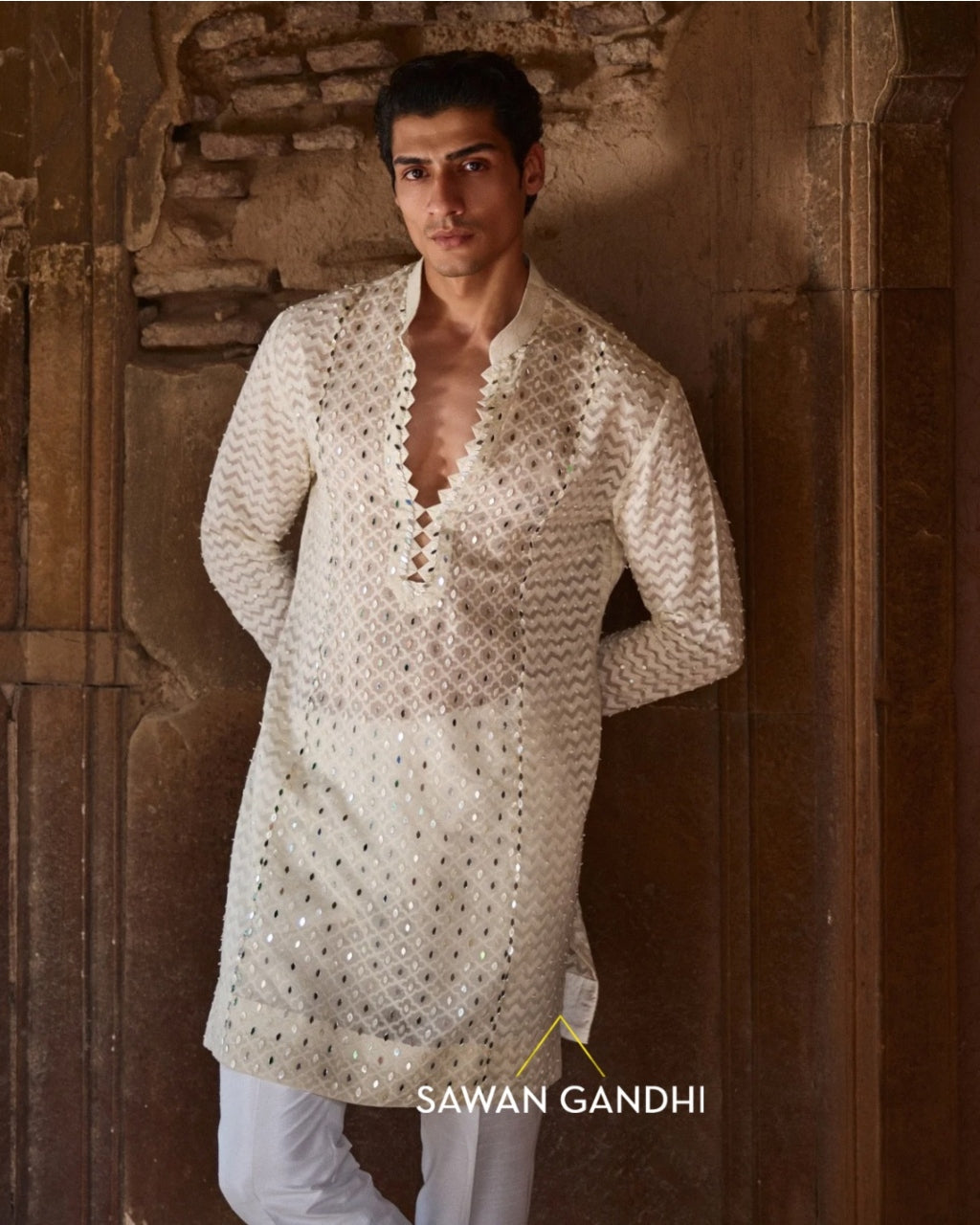 Ivory Self Detailing Kurta Set By KYNAH, Luxury Indian Fashion & Bridal Wear