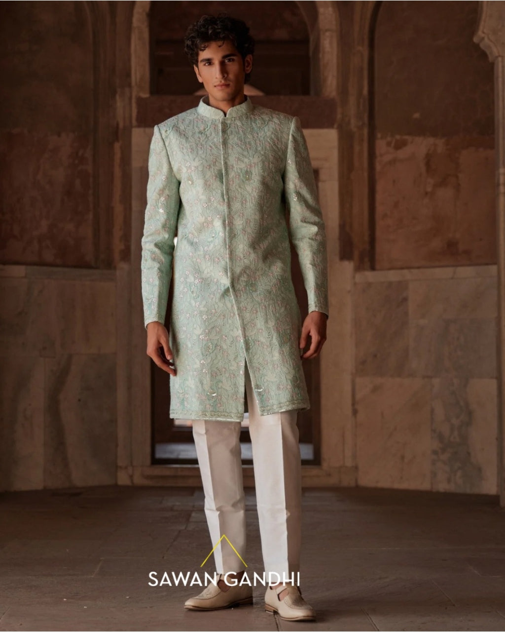 Sea Green Threadwork Sherwani Set By KYNAH, Luxury Indian Fashion & Bridal Wear