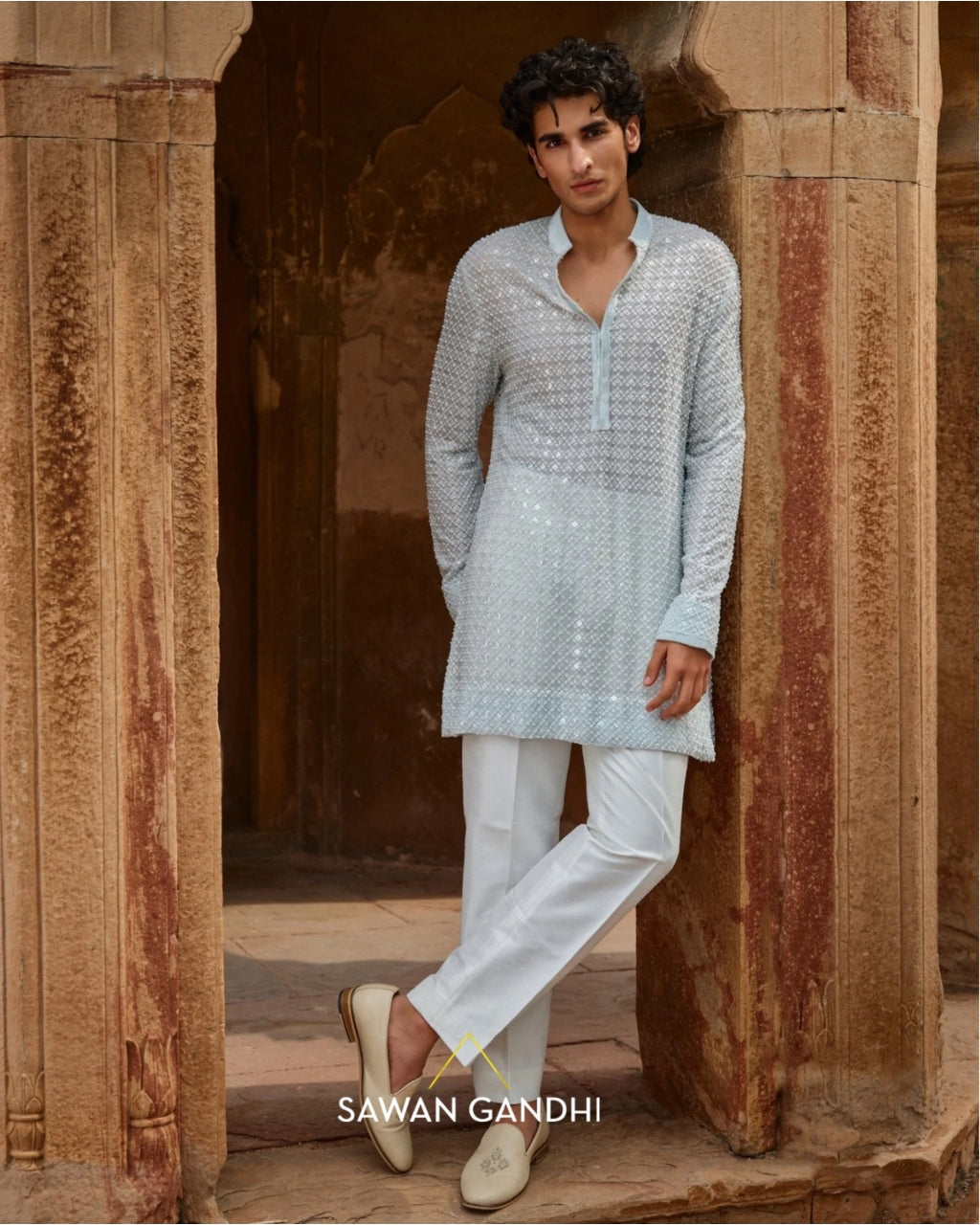 Mint Blue Jaal Work Kurta Set By KYNAH, Luxury Indian Fashion & Bridal Wear