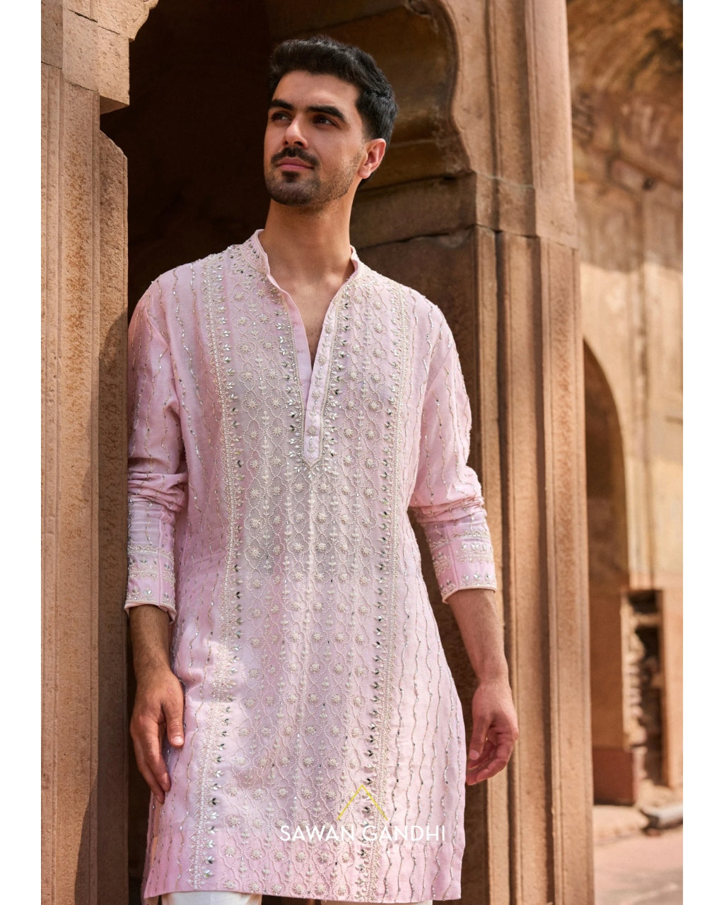 Peach Pearl ,Cutdana And Mirror Work Kurta Set By KYNAH, Luxury Indian Fashion & Bridal Wear