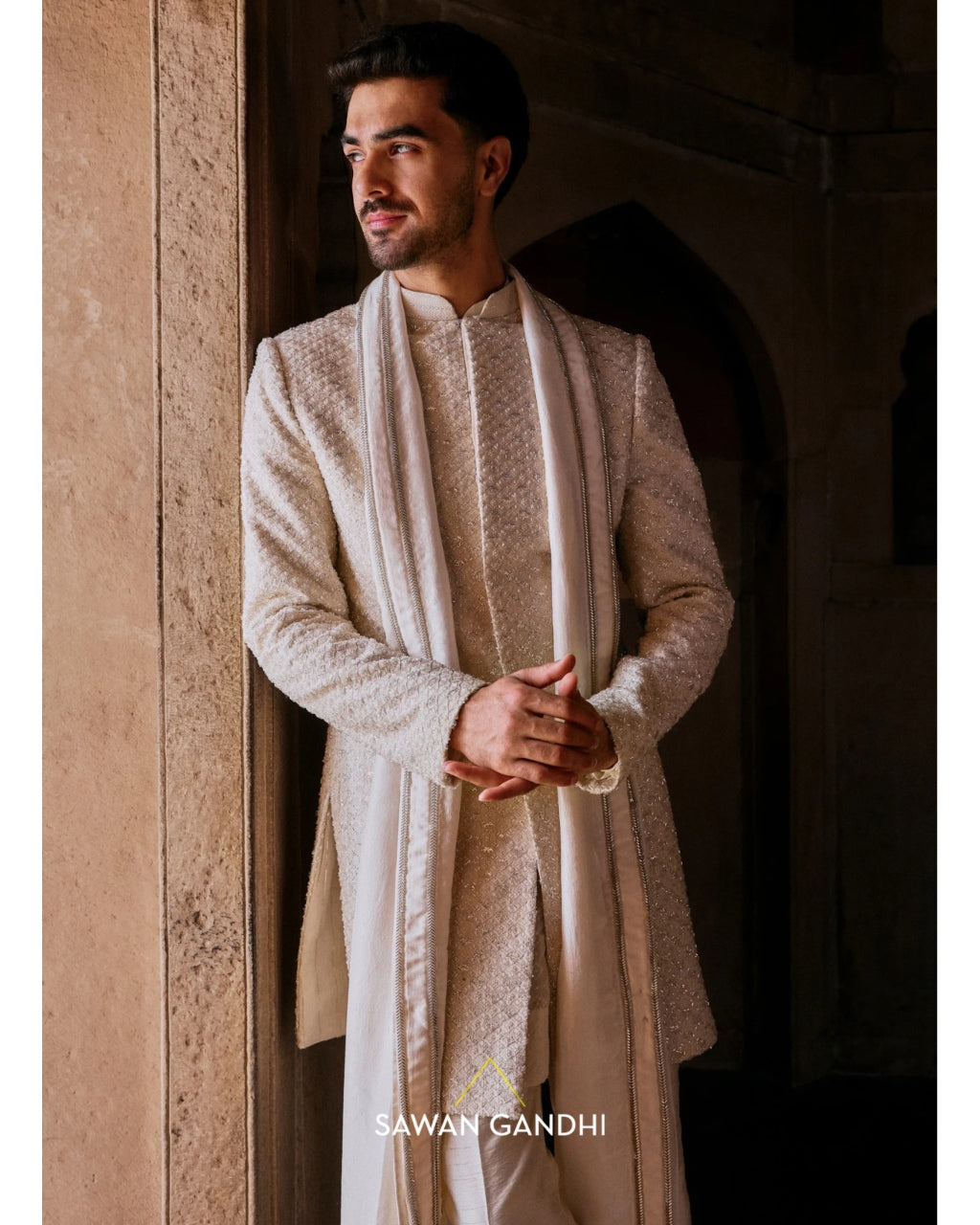 Ivory Cutdana And Sequin Sherwani Set By KYNAH, Luxury Indian Fashion & Bridal Wear