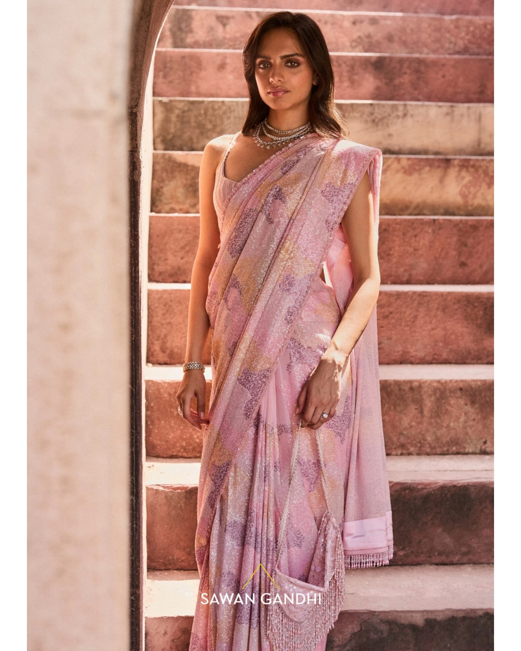 Pink Multicolor Sequins Sari Set By KYNAH, Luxury Indian Fashion & Bridal Wear