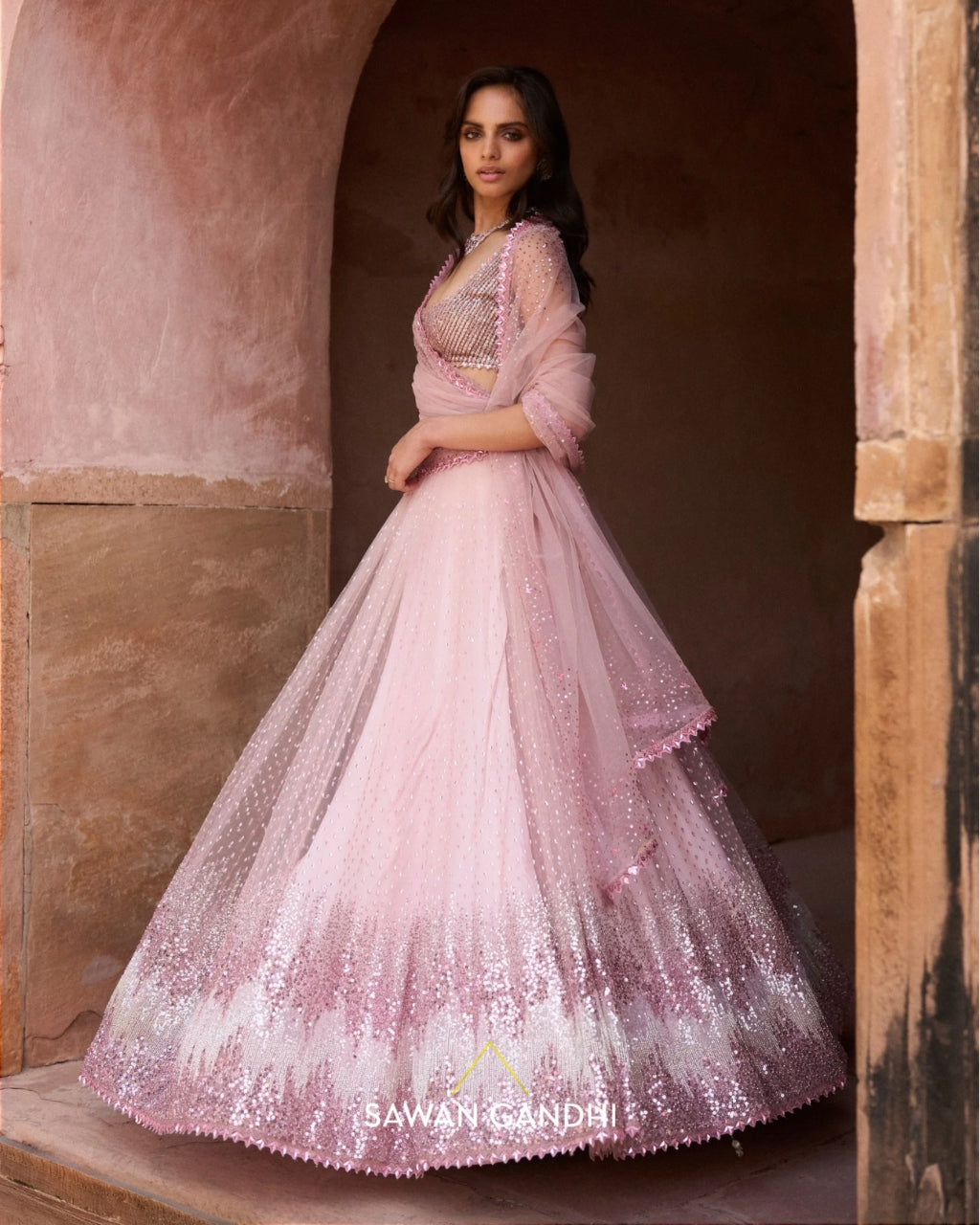 Blush Pink Sequin And Beadwork Lehenga Set By KYNAH, Luxury Indian Fashion & Bridal Wear
