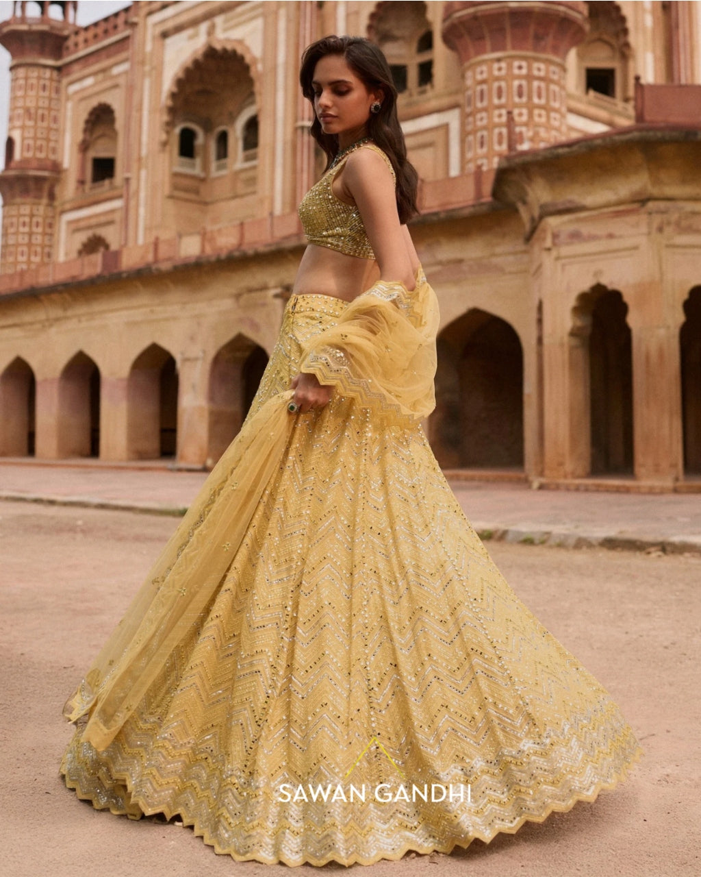 Yellow Chevron Lehenga Set By KYNAH, Luxury Indian Fashion & Bridal Wear