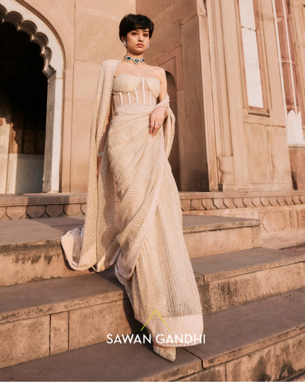 Ivory Chikankari Border Ghicha Sari Set By KYNAH, Luxury Indian Fashion & Bridal Wear