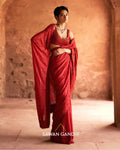 Orange Red Sequin Stripe Sari Set By KYNAH, Luxury Indian Fashion & Bridal Wear