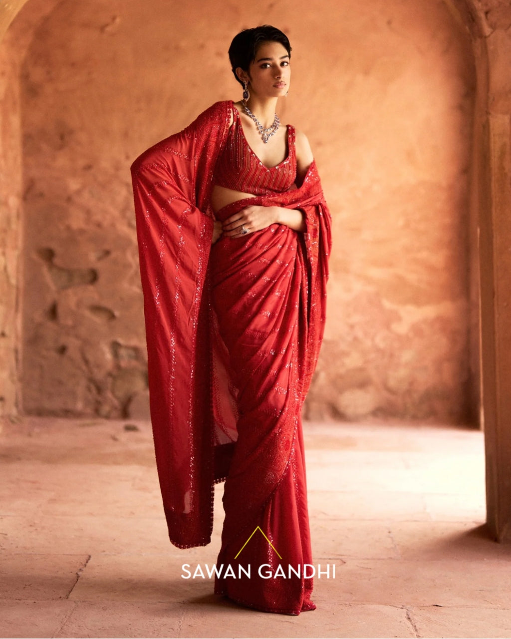 Orange Red Sequin Stripe Sari Set By KYNAH, Luxury Indian Fashion & Bridal Wear