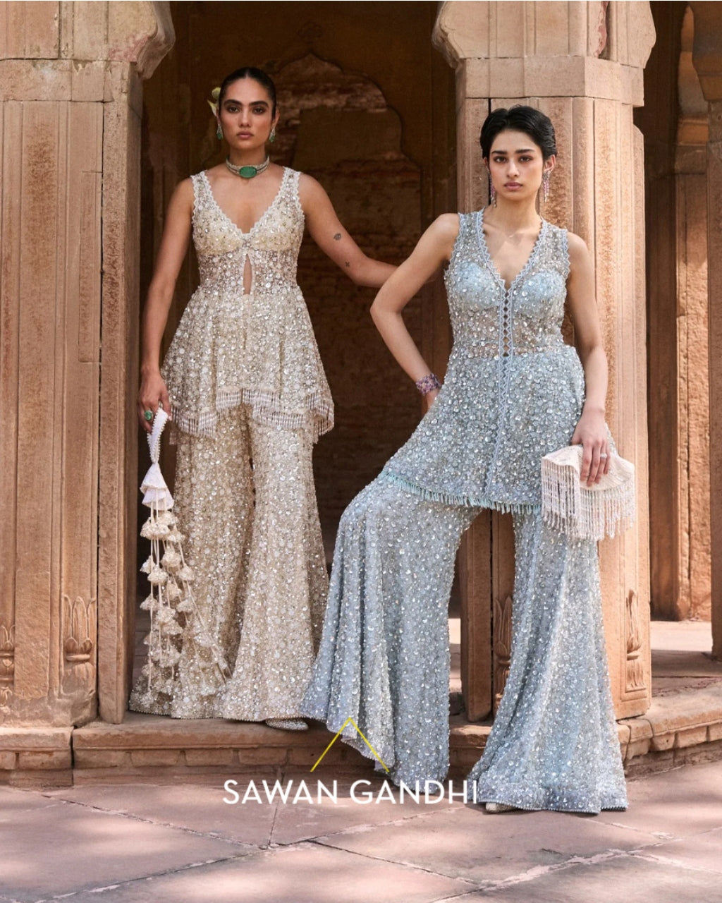 Ice Blue Cutdana And Sequins Peplum Set By KYNAH, Luxury Indian Fashion & Bridal Wear