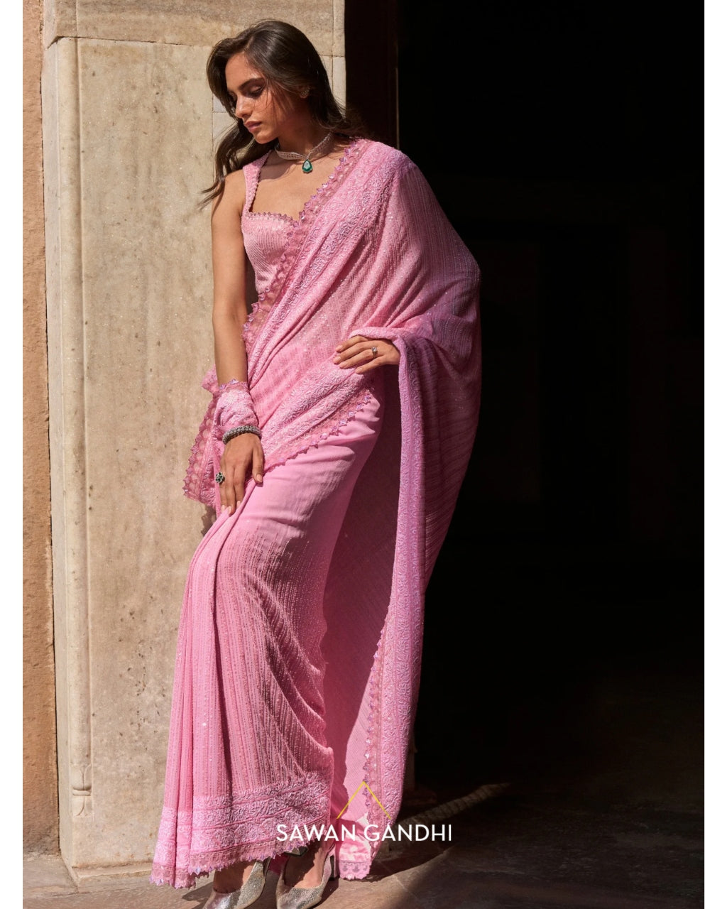 Pink Chikankari Border Sari Set By KYNAH, Luxury Indian Fashion & Bridal Wear