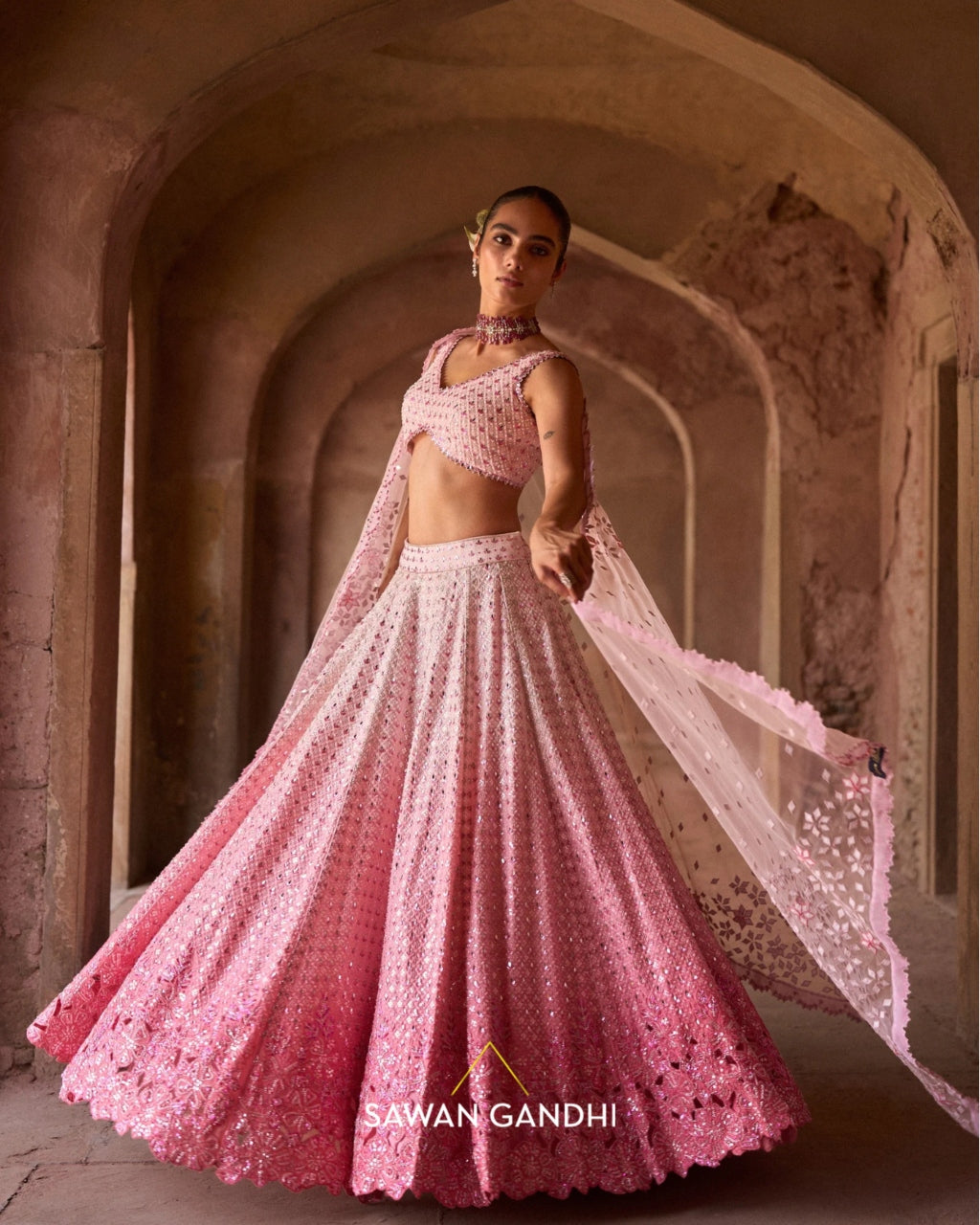 Pink Ombré Mirrorwork Lehenga Set By KYNAH, Luxury Indian Fashion & Bridal Wear