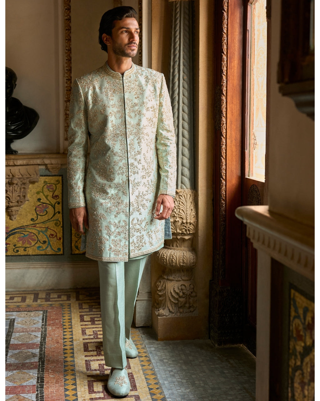 Sage Green Sherwani Set By KYNAH, Luxury Indian Fashion & Bridal Wear