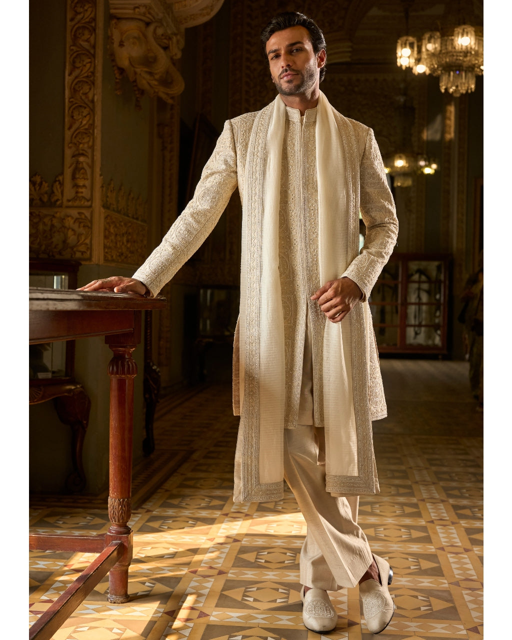 Nude Geometric Sherwani Set By KYNAH, Luxury Indian Fashion & Bridal Wear
