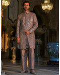 Stone Grey Mirror Work Sherwani Set By KYNAH, Luxury Indian Fashion & Bridal Wear