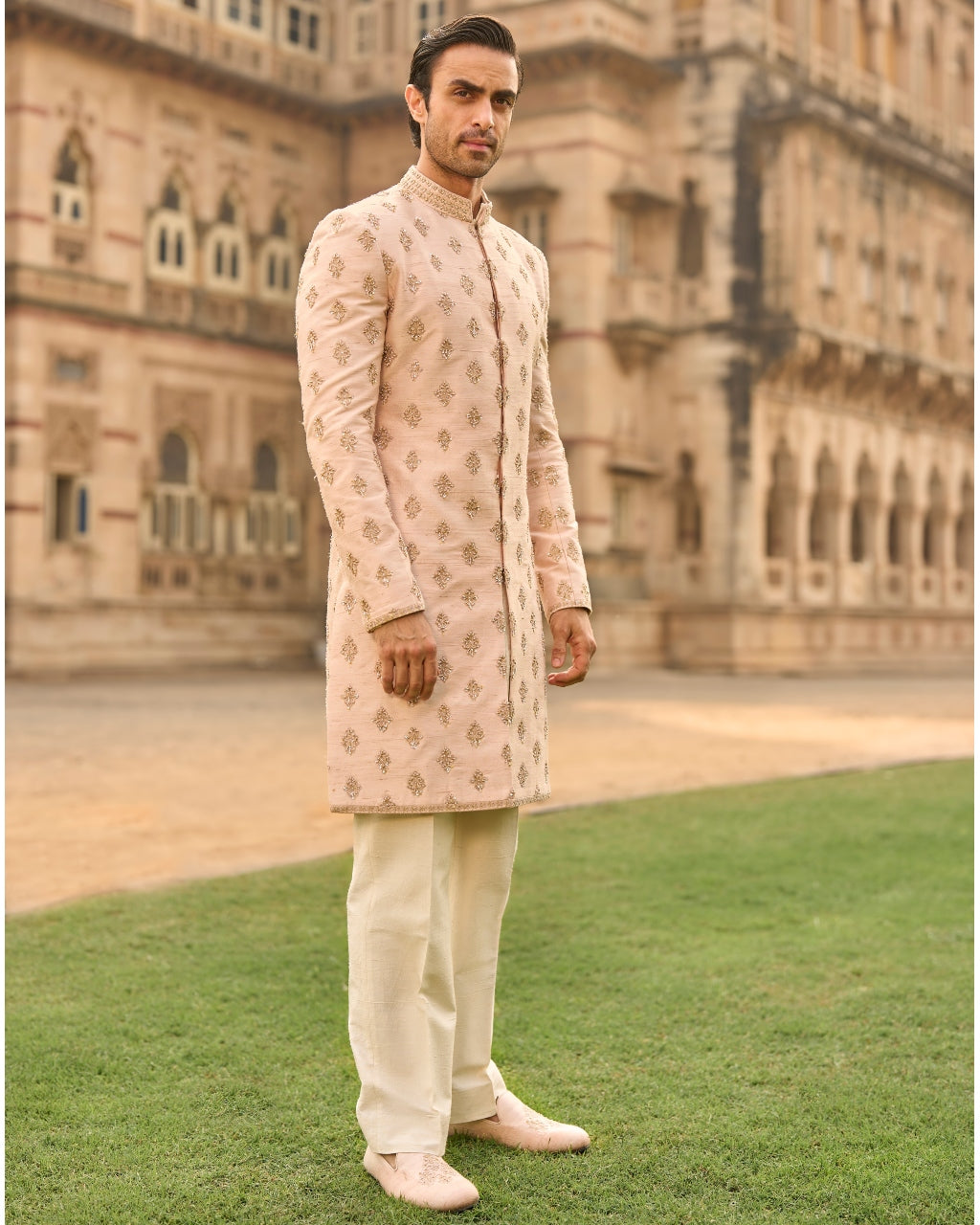 Powder Peach Dori Sherwani Set By KYNAH, Luxury Indian Fashion & Bridal Wear