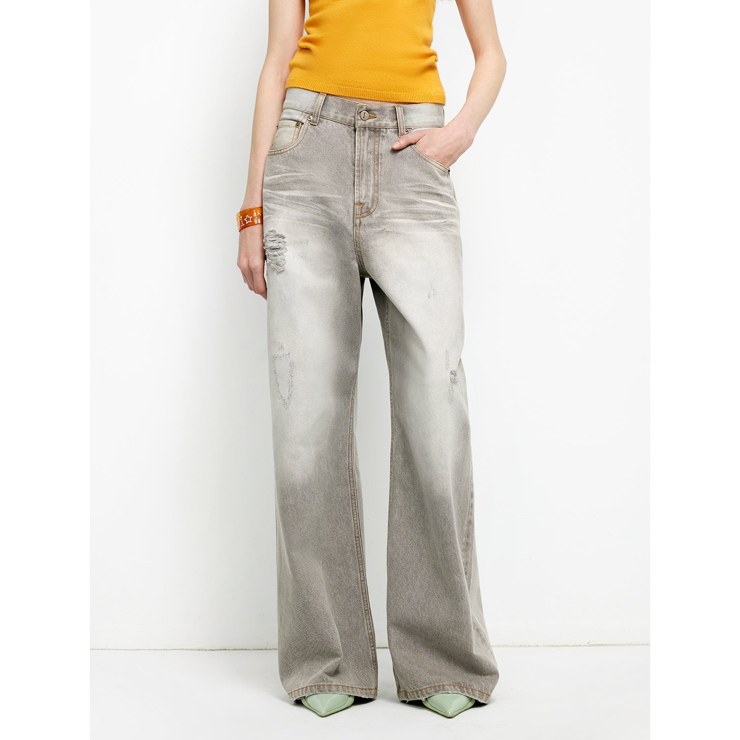 Adolescent Retro Street Style Heavy-Wash Low-Waist Straight-Leg Wide-Leg Versatile Light-Wash Jeans