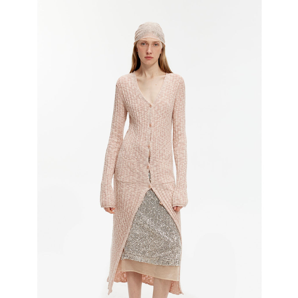 Soft Spring Formula Luxury brand same version cotton and linen fancy yarn knitted V-neck curling design straight long cardigan