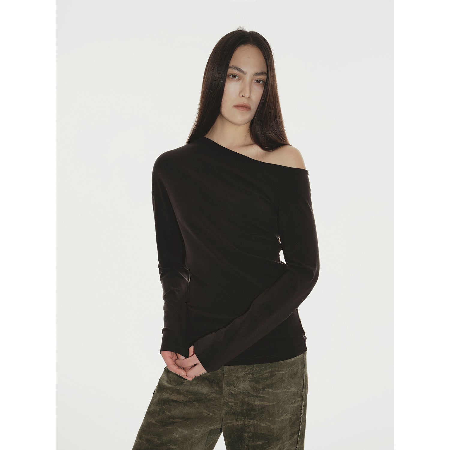 Fashionable Street Off-shoulder Slim Fit Lyocell Tencel Wool Long Sleeve T-shirt