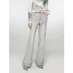 Blues Time Retro washed distressed straight flared cuffed jeans for women