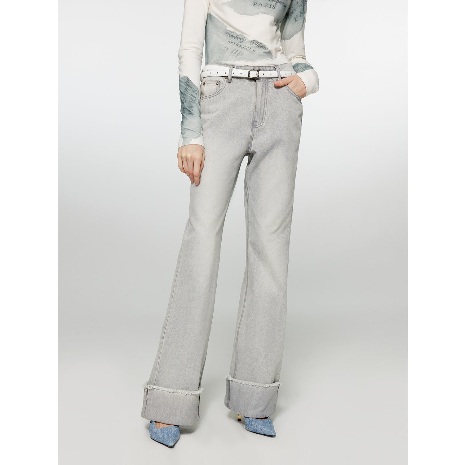 Blues Time Retro washed distressed straight flared cuffed jeans for women