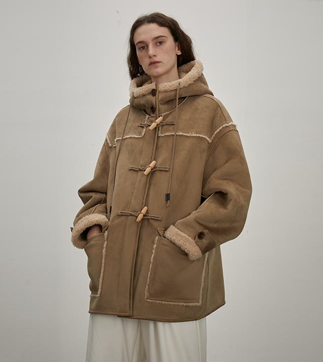 Quartet Short Wool Artificial Compositesuede Hooded Shearling Jacket