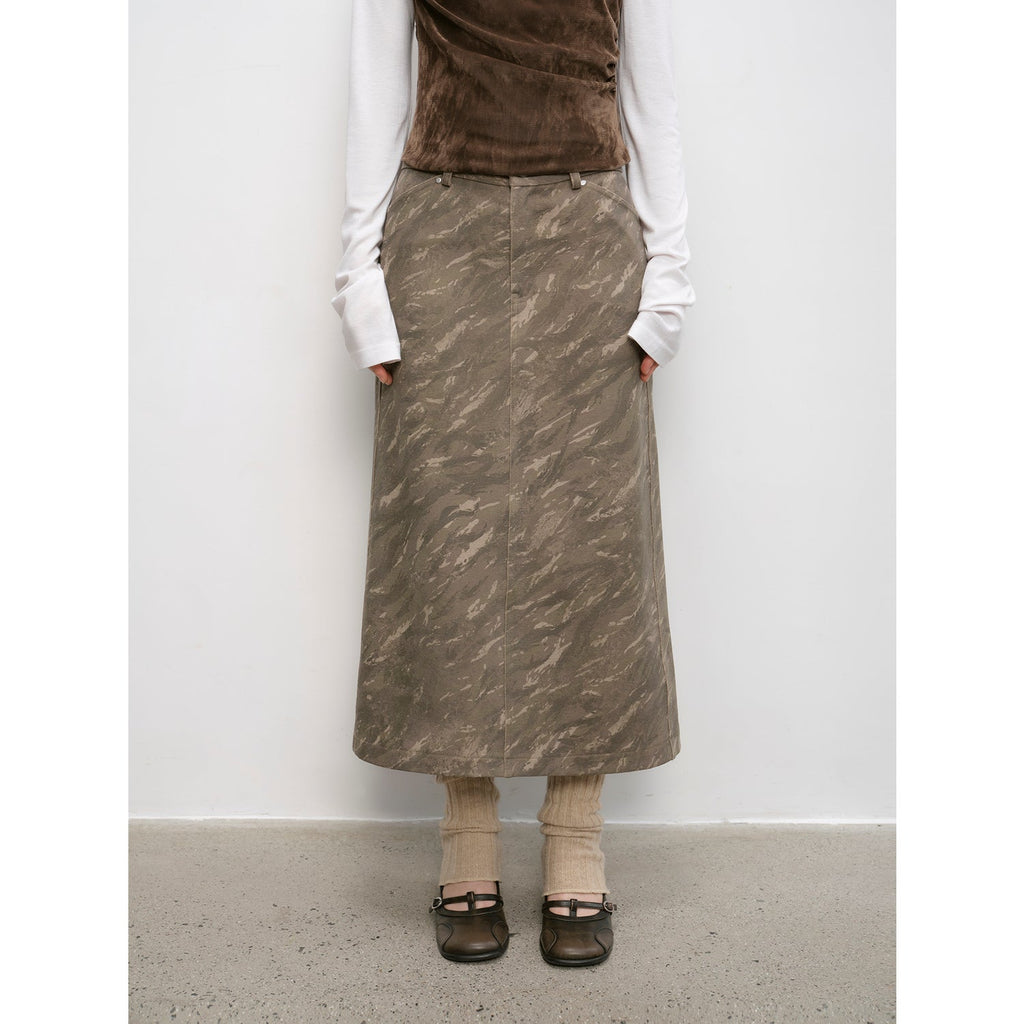 Thousand Layers of Echoes Chenille Original Print Camouflage Retro Distressed Straight Mid-Waist Skirt